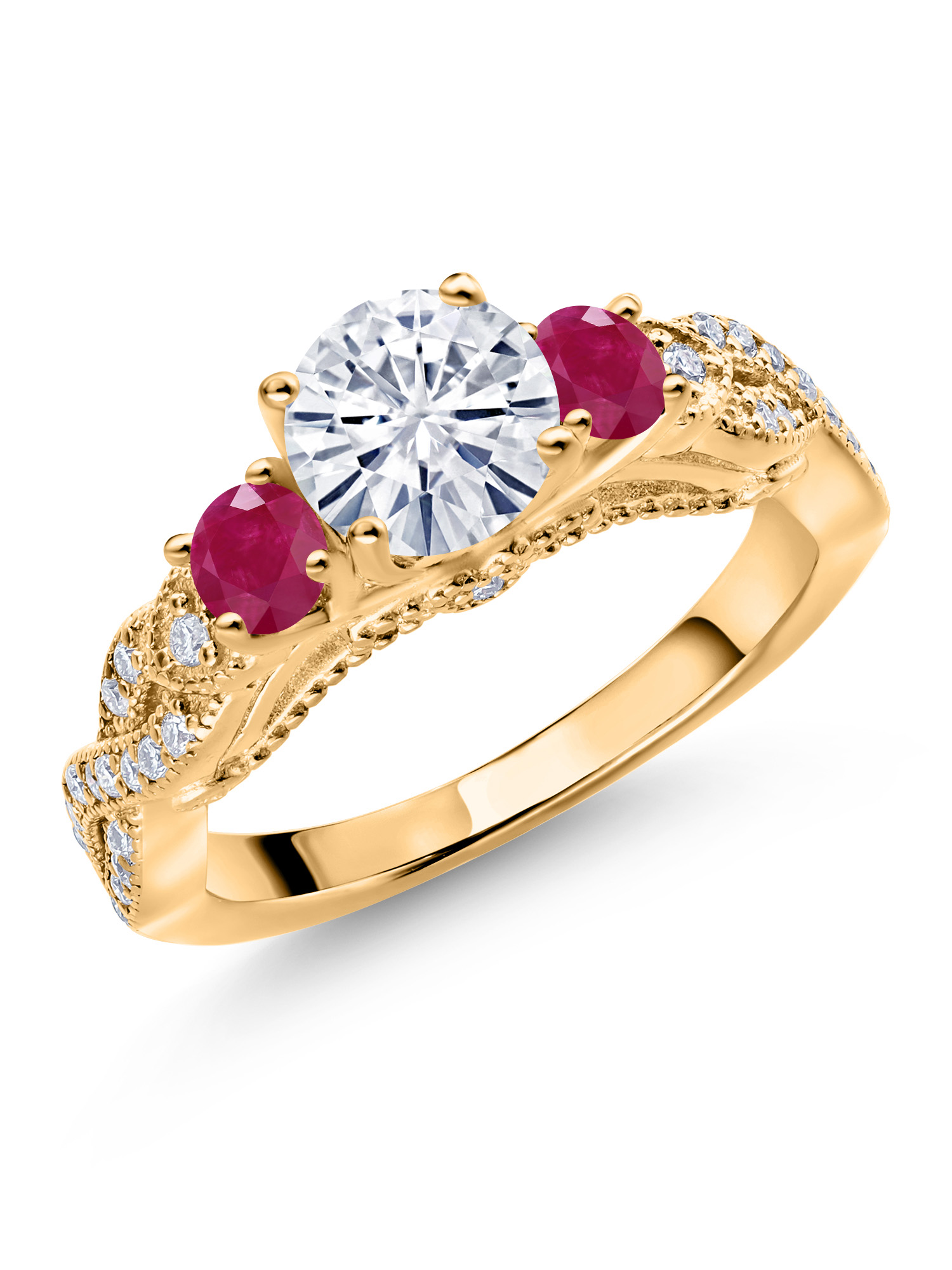 Gem Stone King 18K Yellow Gold Plated Silver White Moissanite and Red Ruby Engagement Ring For Women (1.38 Cttw, Gemstone, Round 6MM and 3MM)