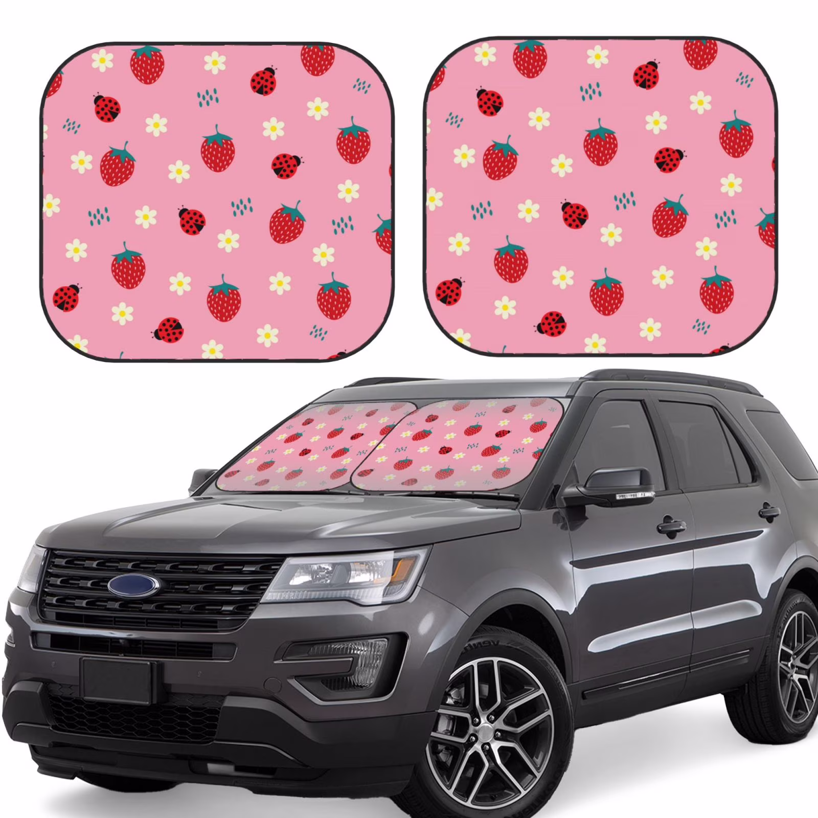 Lukts Strawberry And Ladybugs Print 2 Piece Car Sun Shade Windshield,Foldable Car Shade Front Windshield With Keeps Your Vehicle Cool, For Most Sedans Suv And Trucks - Small