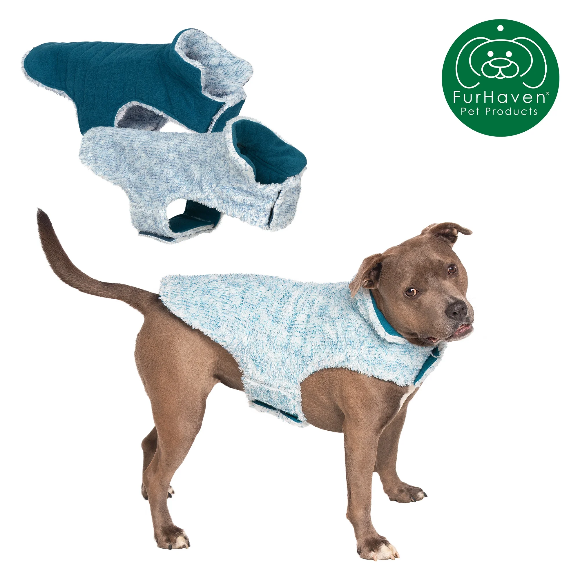 Flex-Fit Reversible Two-Tone Fur Dog Coat - Medium, Marine Blue