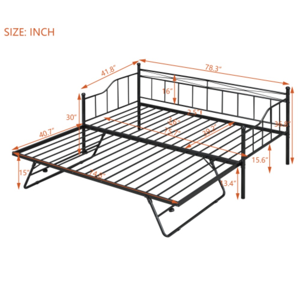 Twin Size Metal Daybed with Twin Size Adjustable Trundle, Portable Folding Trundle, Black  White + Metal