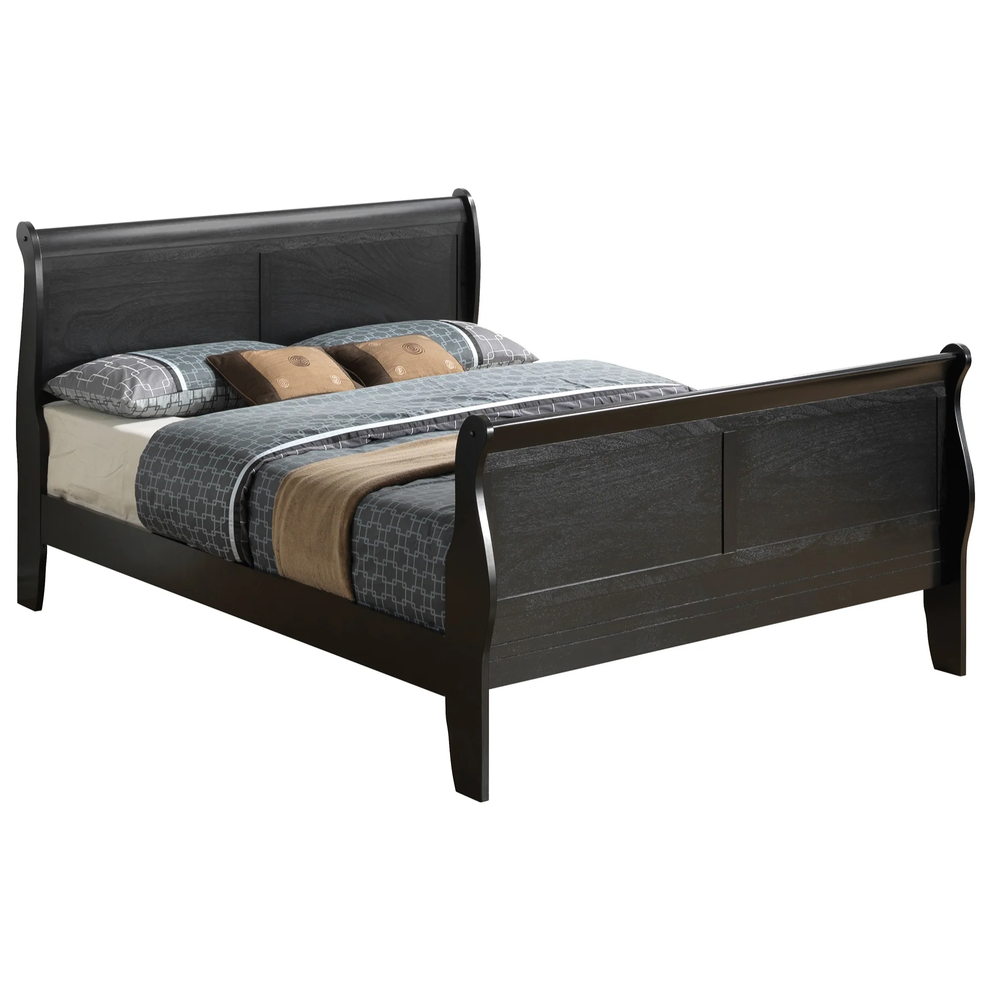 Passion Furniture  Louis Philippe Sleigh Wood Bed with High Footboard, Black - King Size