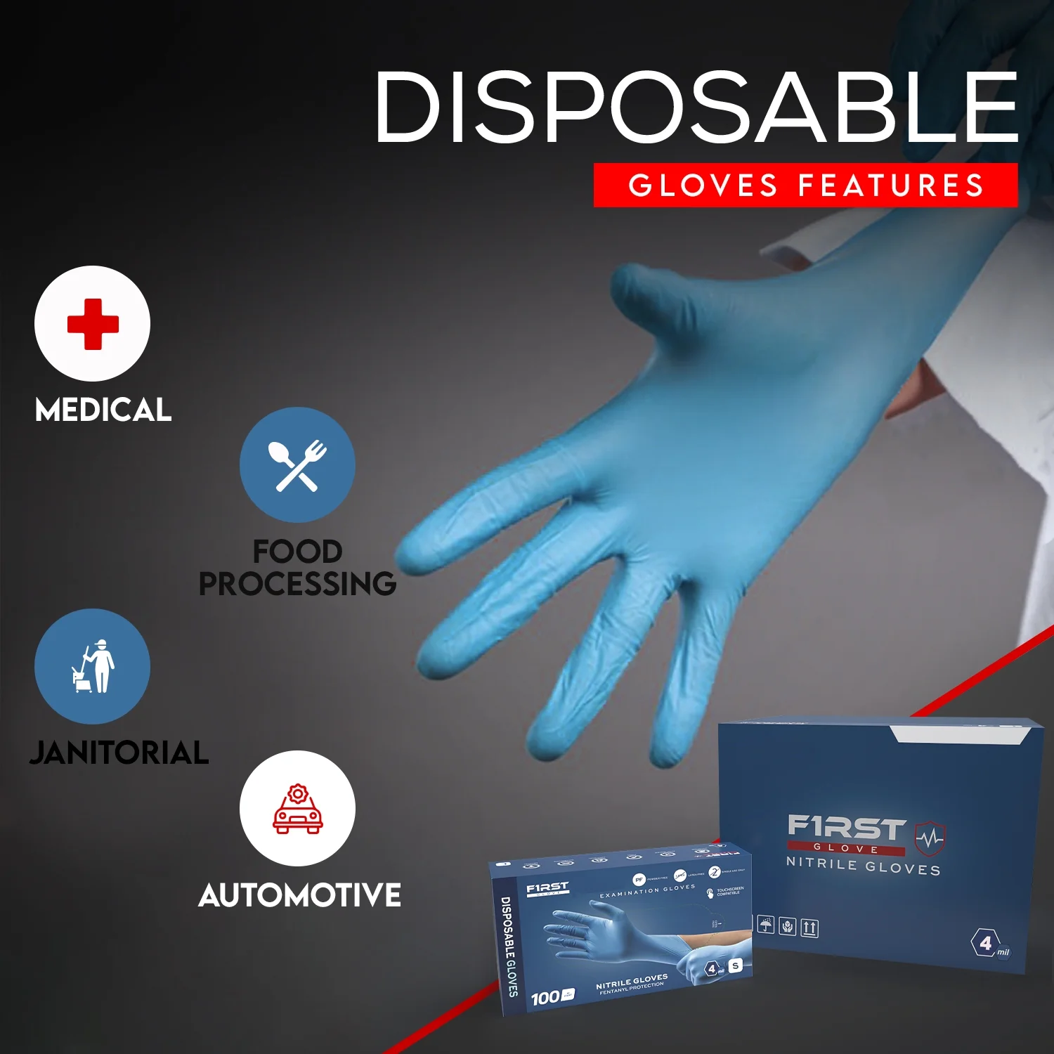 FIRST GLOVE Core Large 1000 Ct. 4 Mil Blue Nitrile Disposable Gloves - Food Safe Disposable Gloves, Disposable Cleaning Gloves, Micro Textured Gloves for Enhanced Grip, Latex Free Gloves