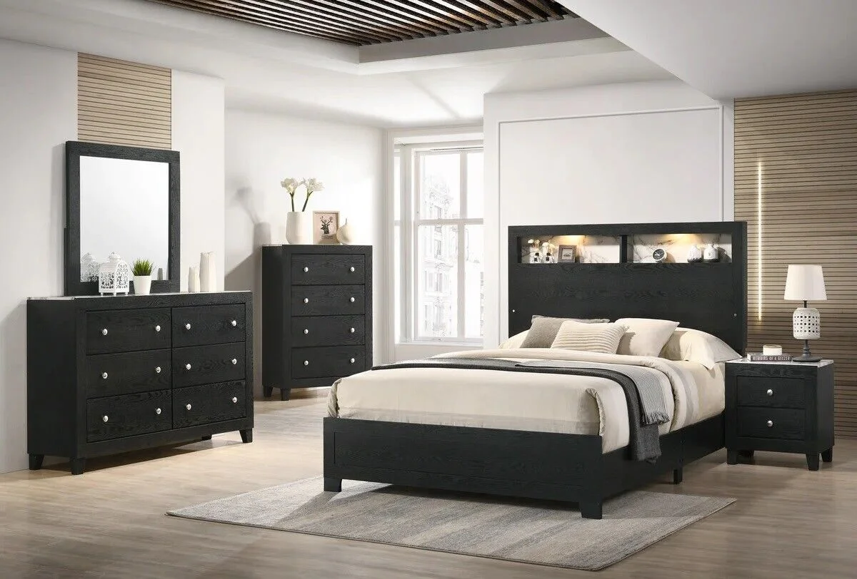 Modern 4pc King Size LED Headboard Bed Dresser Mirror Nightand Wooden Bedroom Furniture Set Black