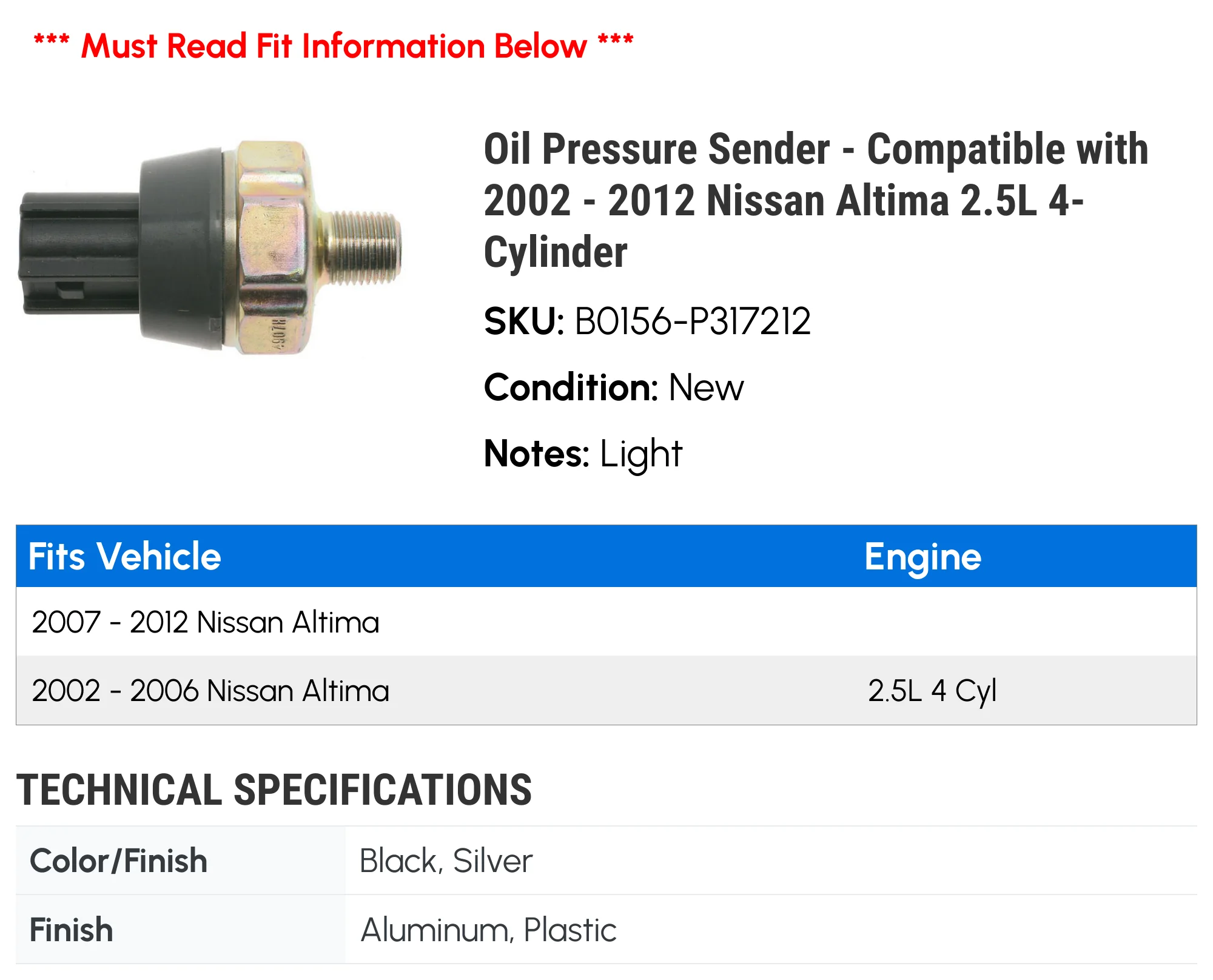 Oil Pressure Sender - Compatible with 2002 - 2012 Nissan Altima 2.5L 4-Cylinder 2003 2004 2005 2006 2007 2008 2009 2010 2011