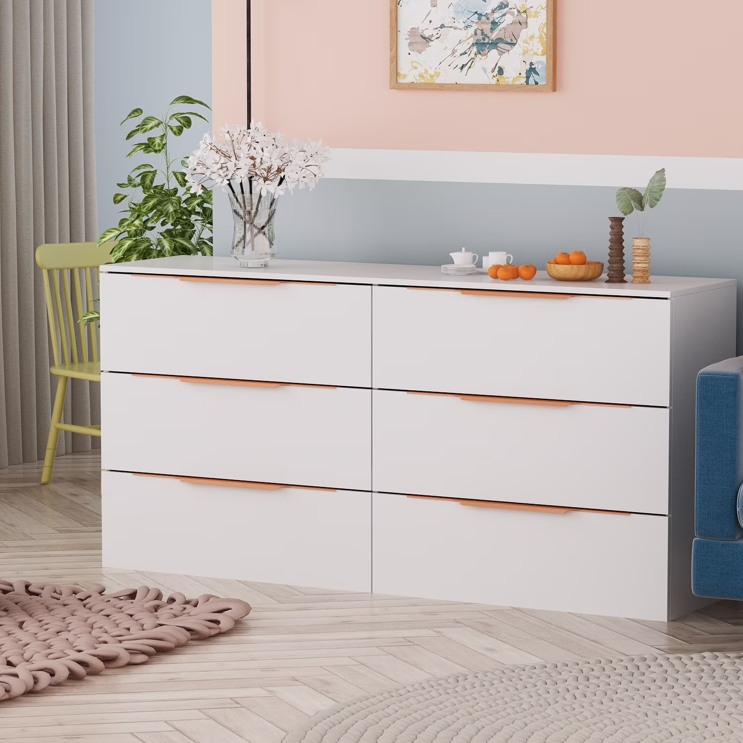 MARSON LLC Contemporary Wide 6 Drawer Double Bedroom Dresser in White
