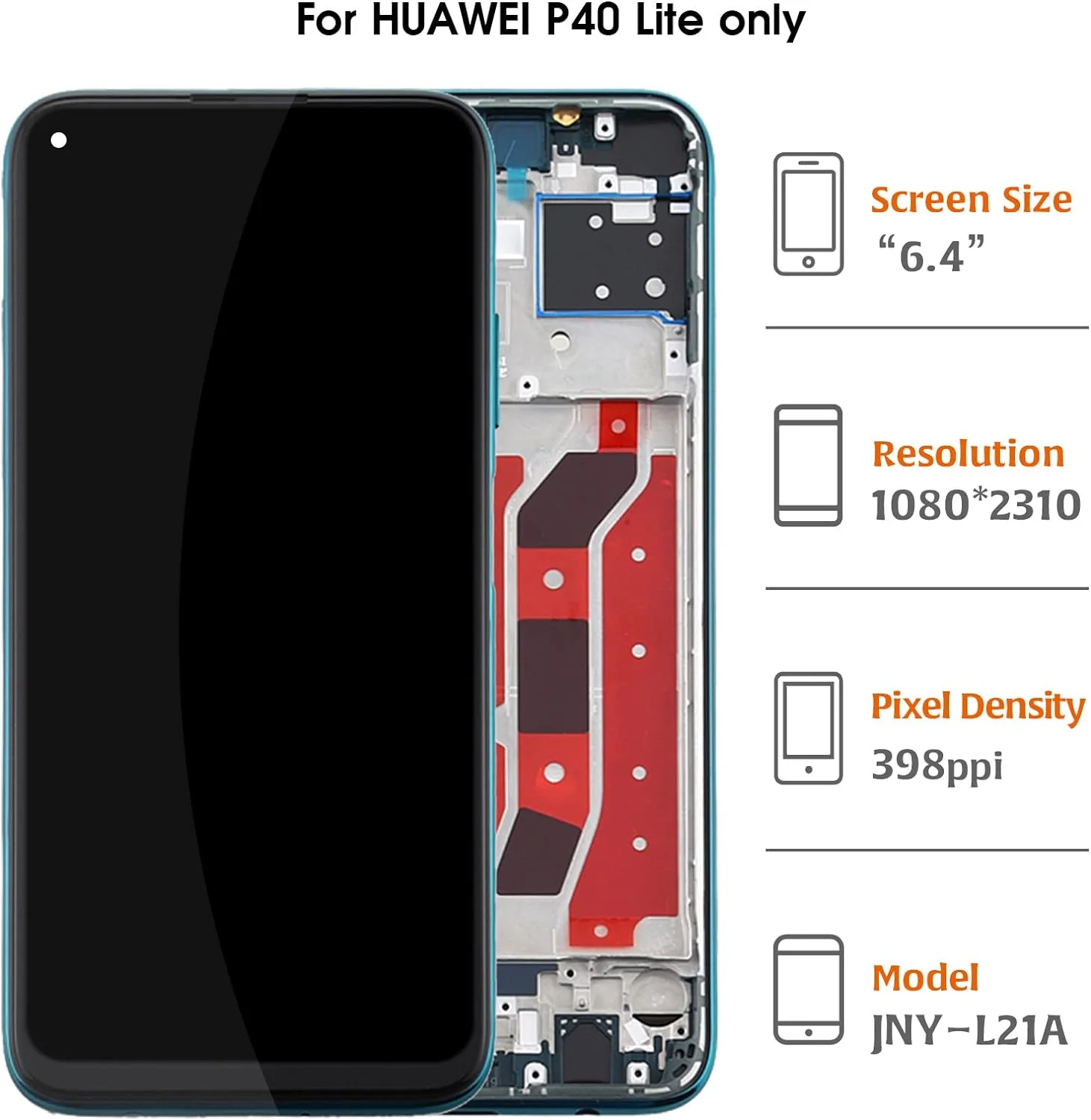 for Huawei P40 Lite 4G LCD Display Touch Digitizer Screen Replacement Full Assembly Repair Kits with Tools JNY-L21A JNY-L01A JNY-L21B JNY-L22A JNY-L02A JNY-L22B JNY-LX1(Black with Frame)