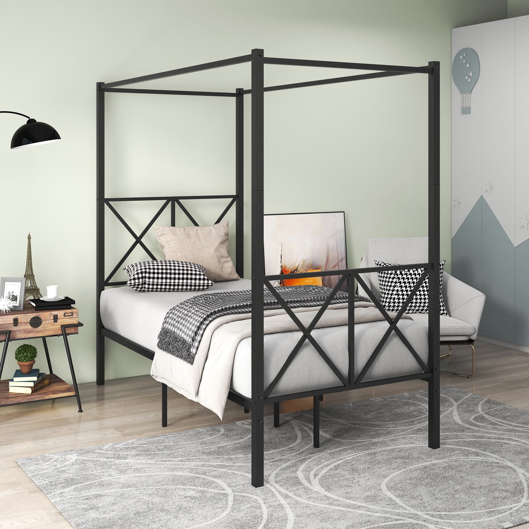 Twin Size Metal Canopy Bed Frame, Platform Bed Frame with X Shaped Frame Black