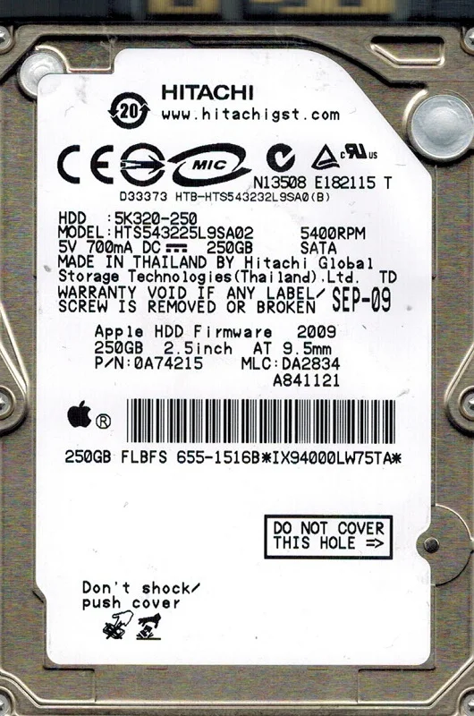 Hitachi HTS543225L9SA02 P/N: 0A74215 MLC: DA2834 MAC 250GB APPLE