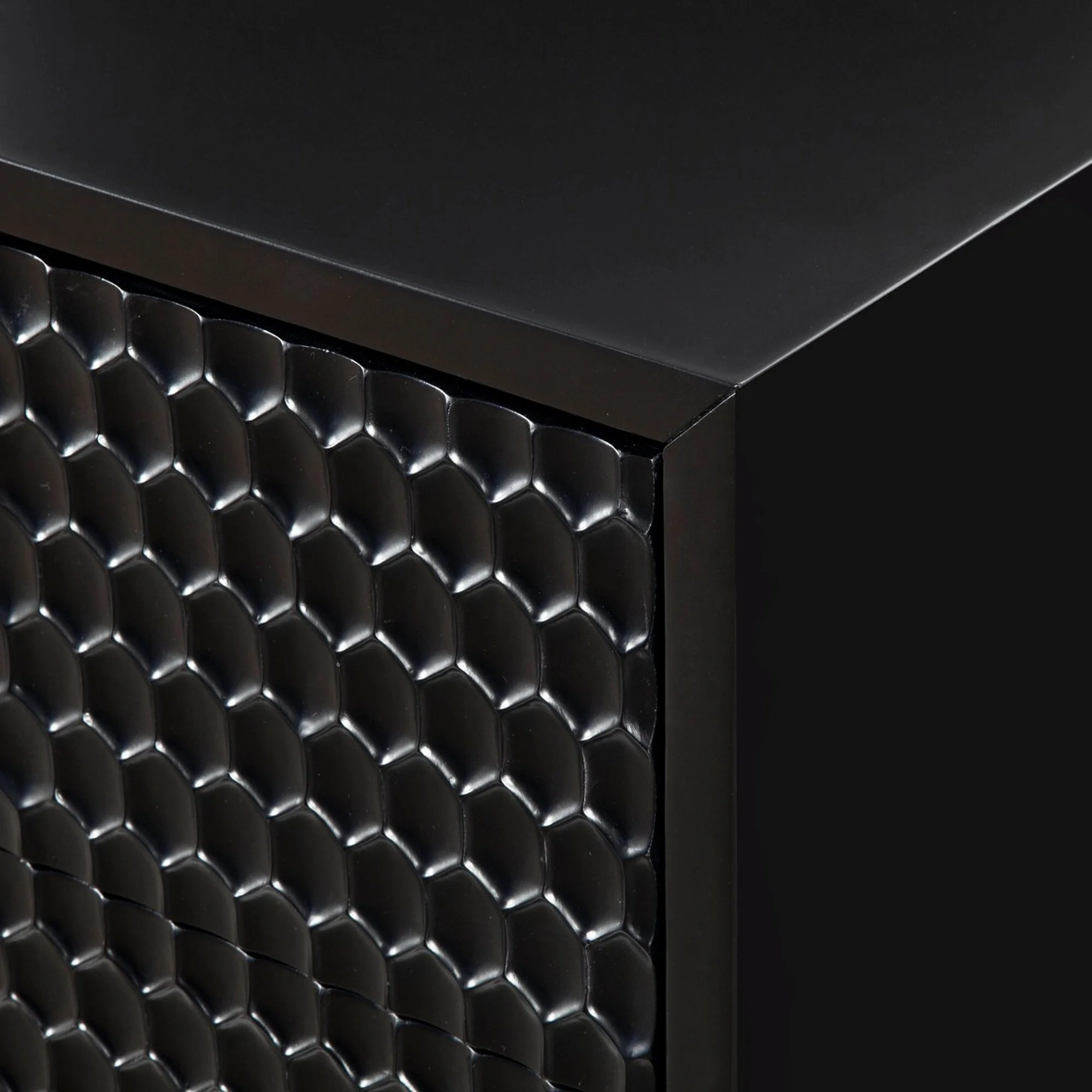 Rexi 34 Inch 3 Drawer Small Dresser Chest, Honeycomb Panels, Black, Gold