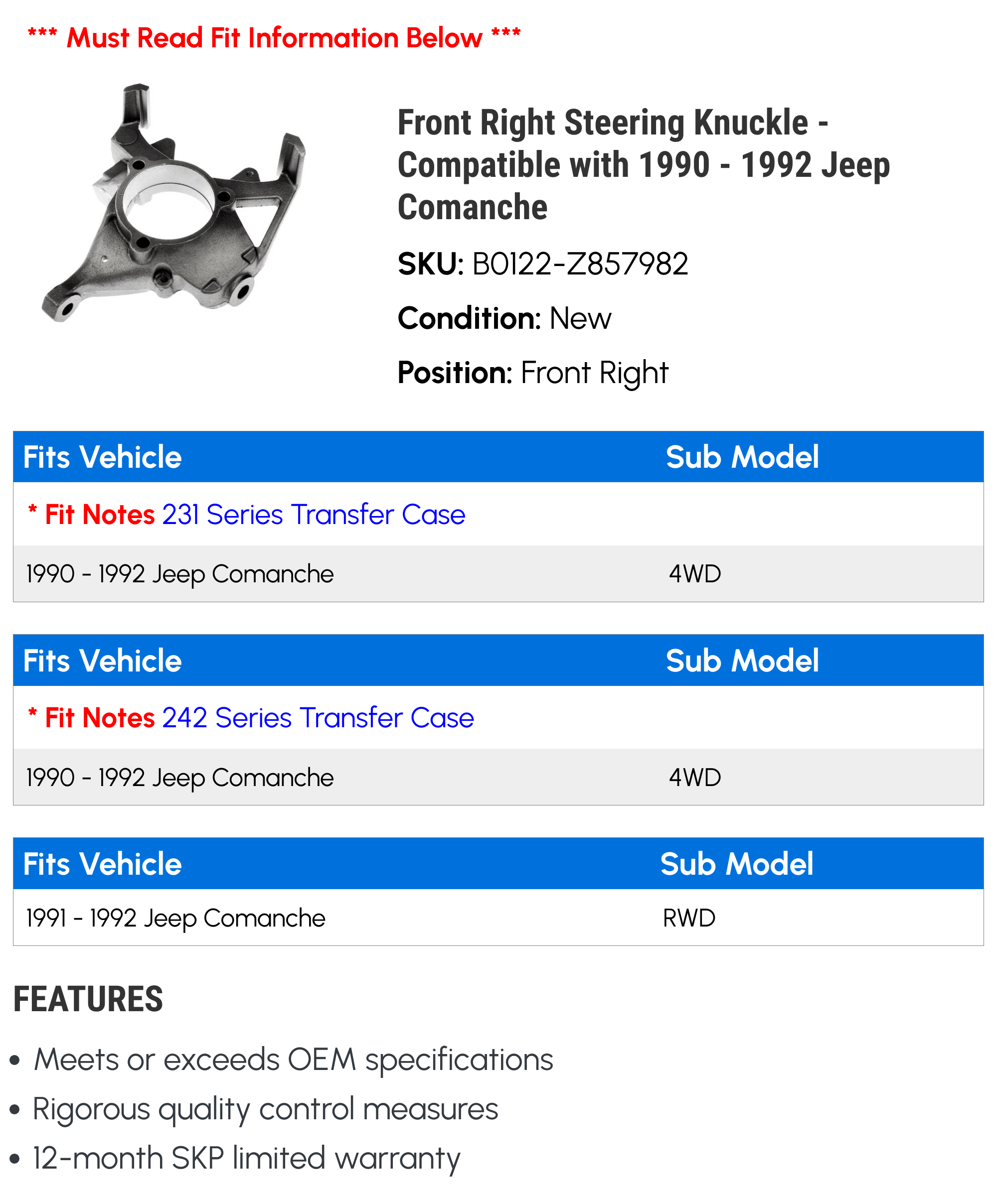 Front Right Steering Knuckle - Compatible with 1990 - 1992 Jeep Comanche 1991