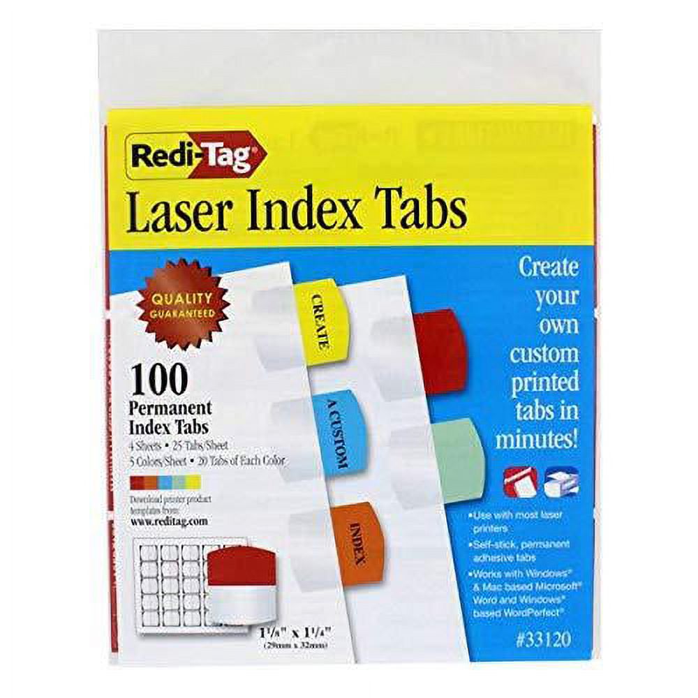 Laser Printable Index Tabs 1/5-Cut Tabs, Assorted Colors, 1.13" Wide, 100/Pack