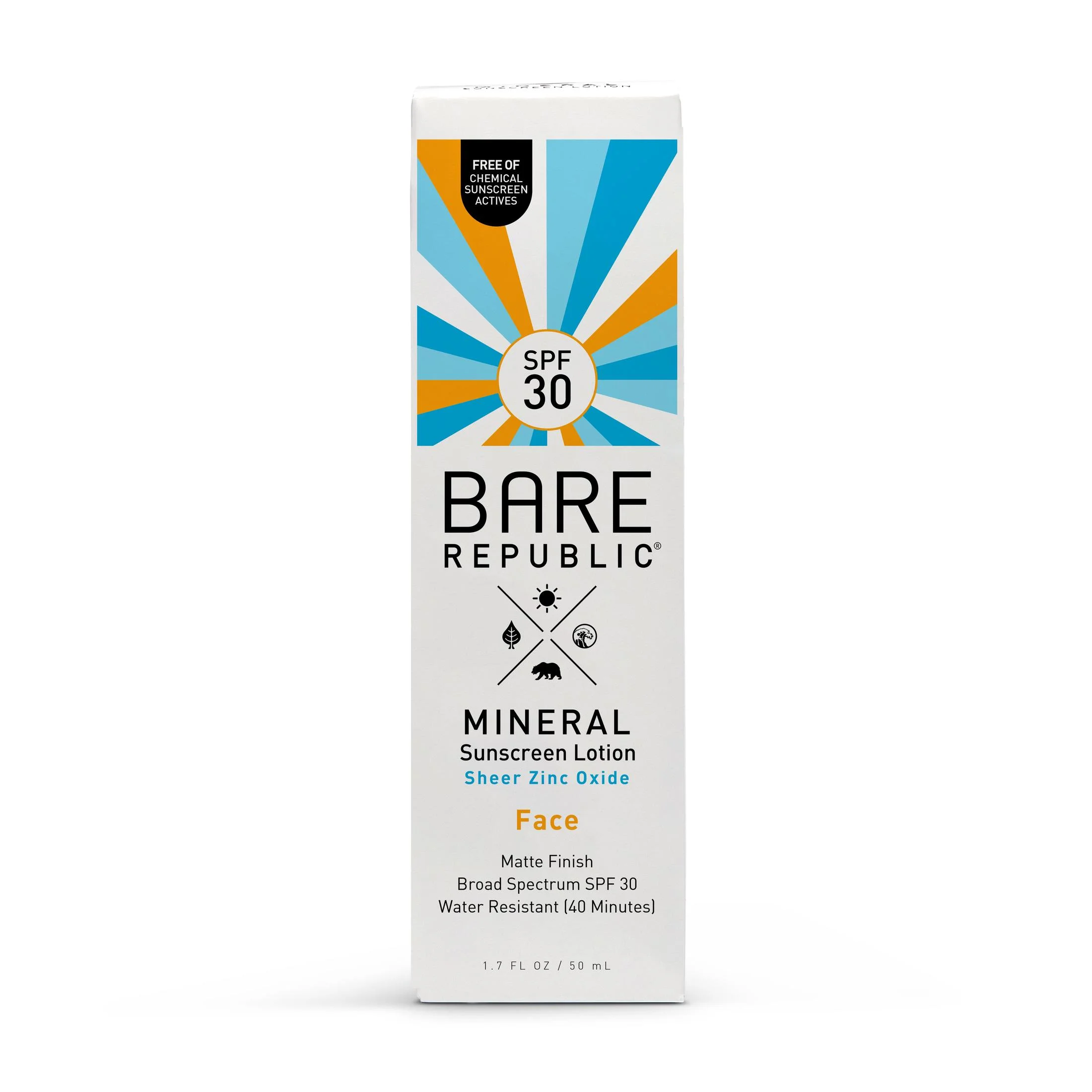 Bare Republic Mineral Face Sunscreen Lotion, Sheer Finish, SPF 30, Reef Friendly, Fragrance Free, 40 Minute Water Resistance, 1.7 OZ