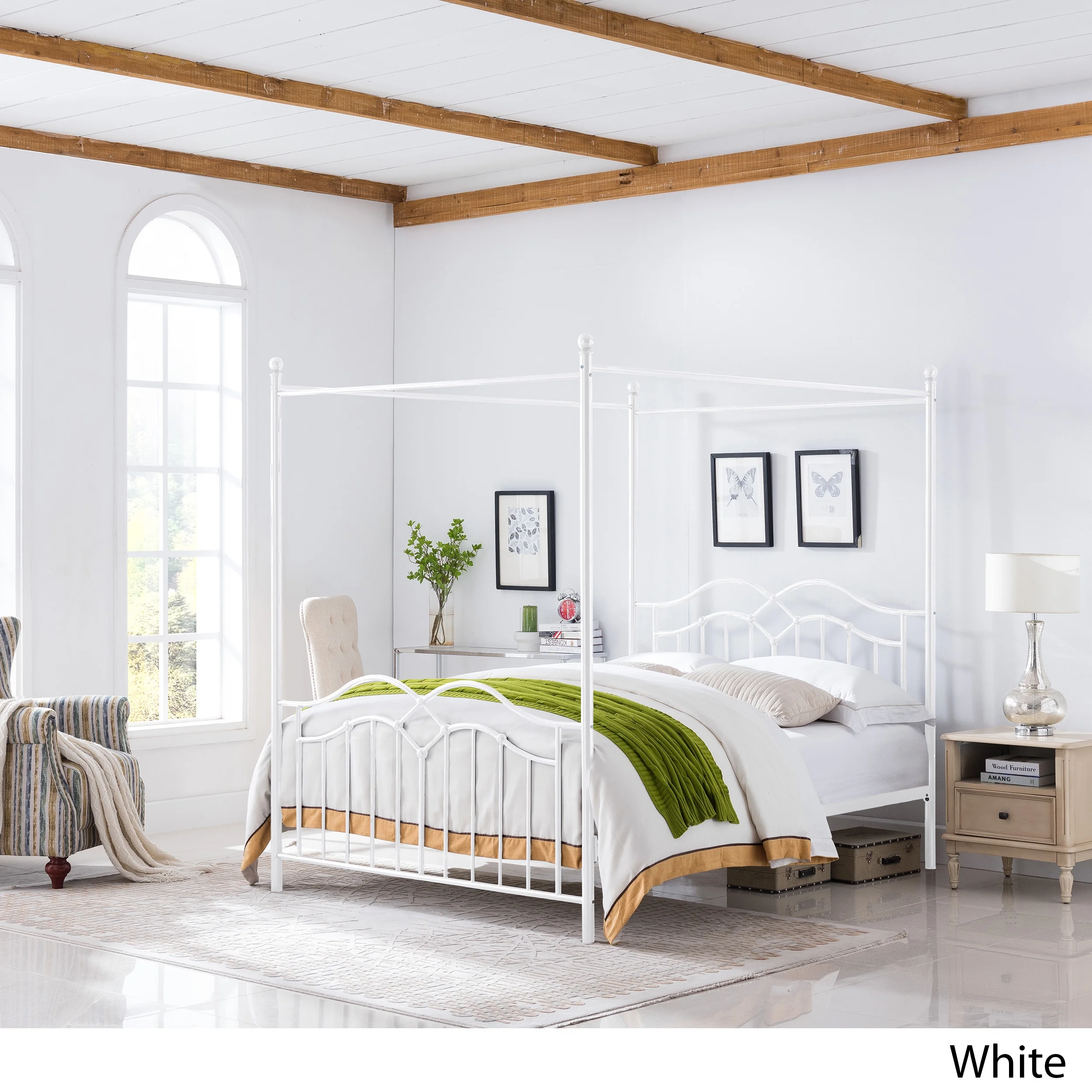 Noble House Selene Traditional Iron Canopy Queen Bed Frame, White