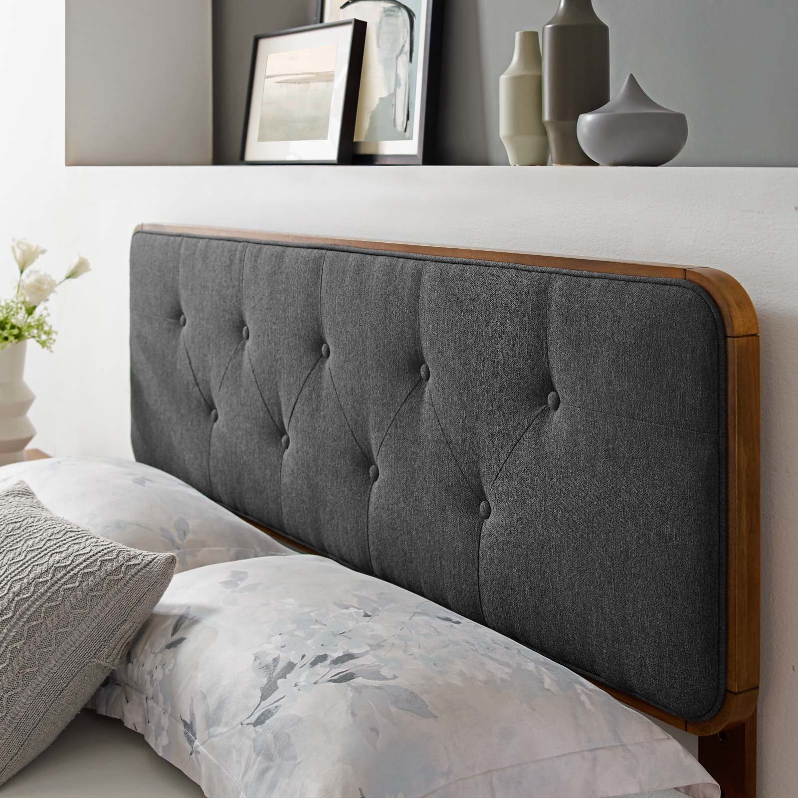 Modway Collins Tufted Queen Fabric and Wood Headboard in Walnut Charcoal