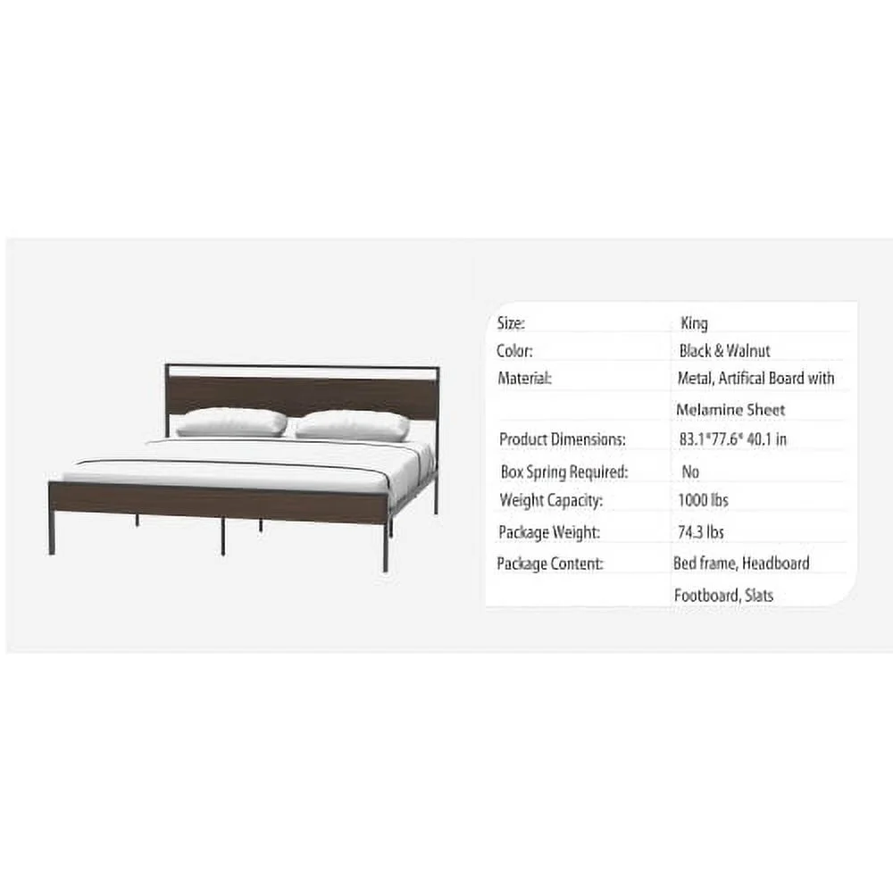 Ceres Metal Bed, Black with Walnut wood Headboard&Footboard, King