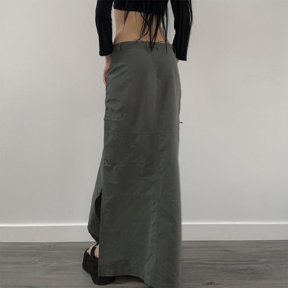 YIWEI Women Cargo Maxi Skirt Hiking Split Slit A-Line Loose Casual Vintage Style Punk