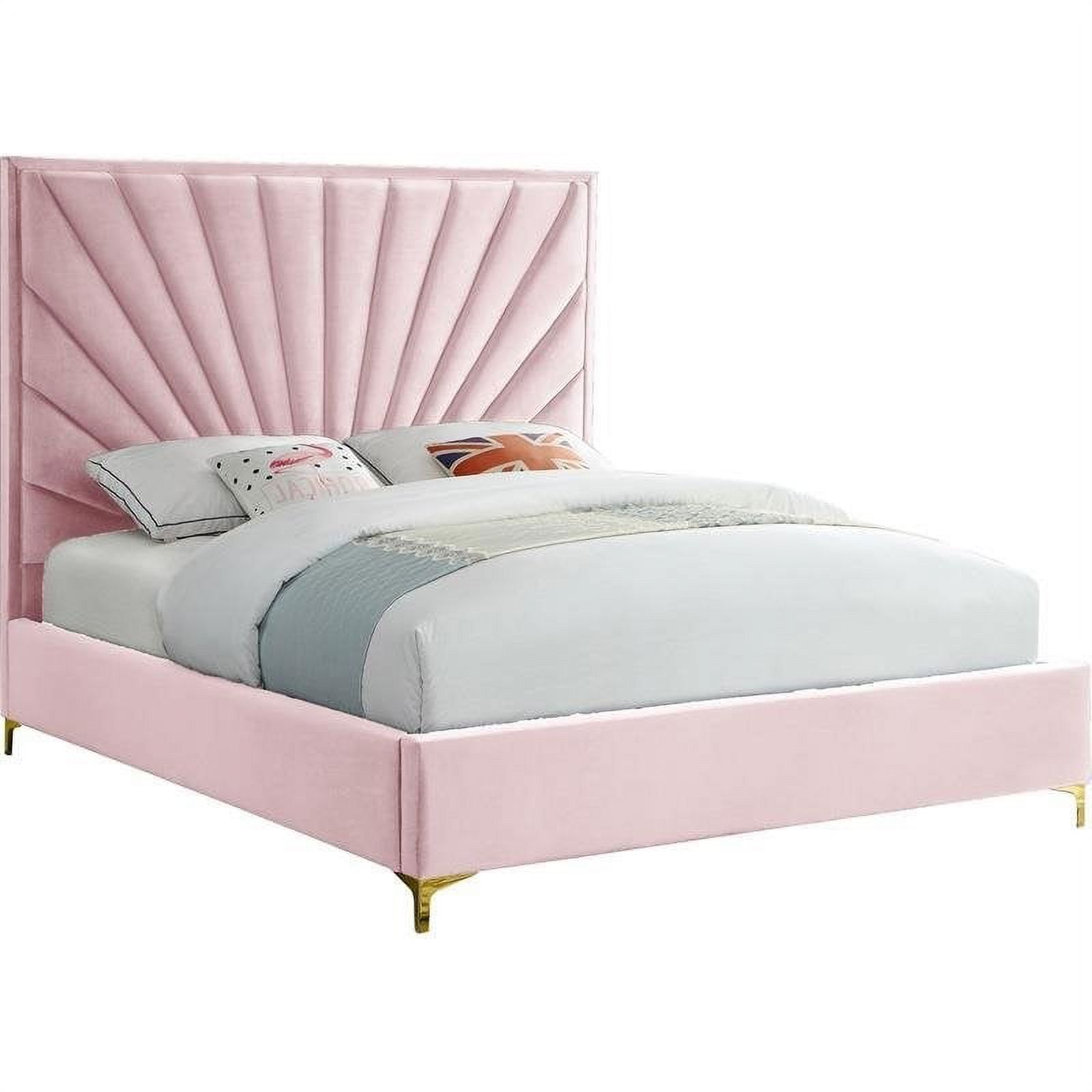 Maklaine Contemporary Solid Wood and Velvet Queen Bed in Pink
