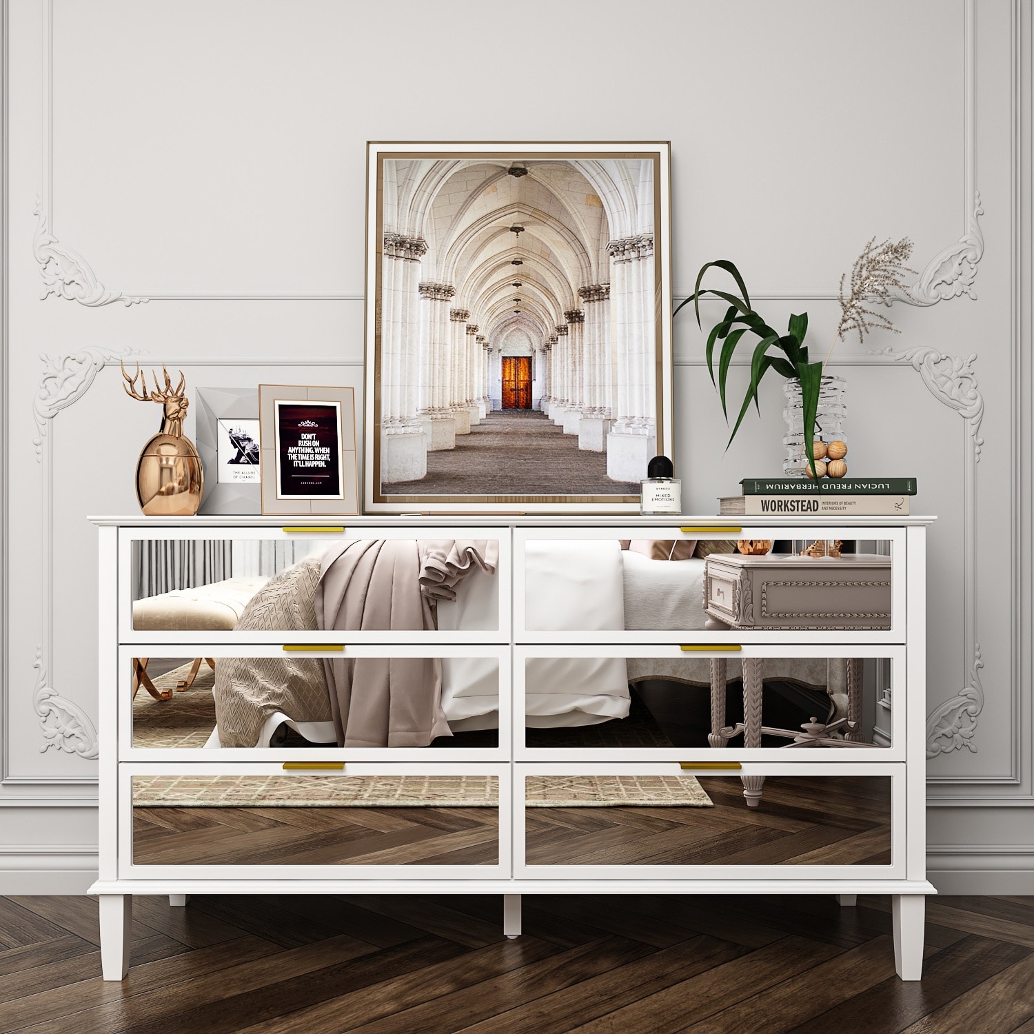Sideboard Buffet Mirrored Dresser with 6 Storage Drawer Modern Chest - 55.1