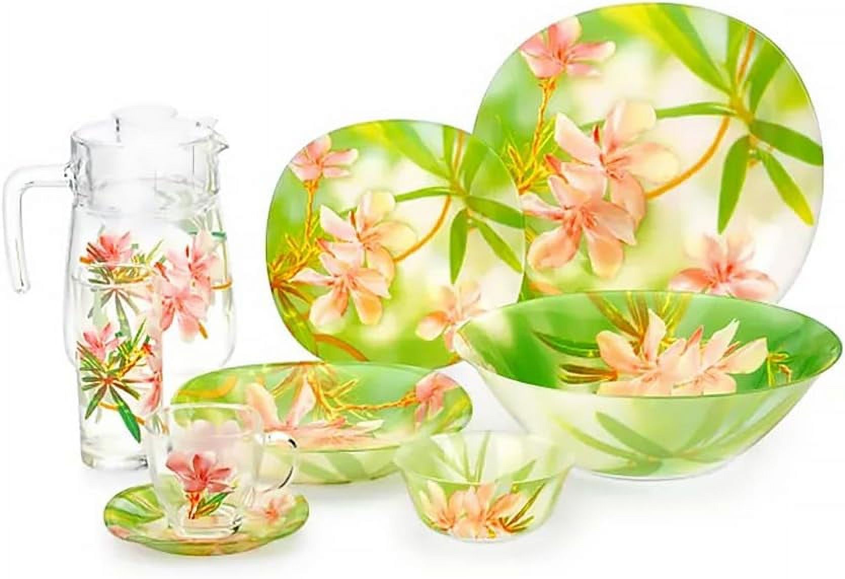 Carina Freesia Glass Dinnerware Set Of 44 For 6 Pers. Dinner Plates Deep Plate Dessert Plates Salad Bowls Decanter With Glass Mug And Saucer