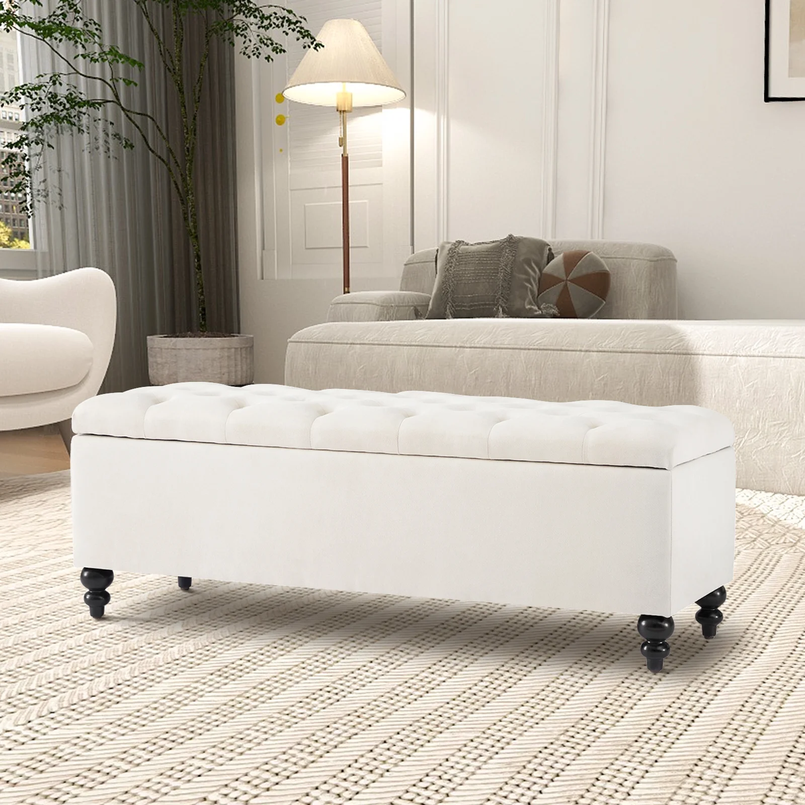GERICCO 50.2 Inches Ottoman with Storage,Storage Ottoman Bench with Button-Tufted, Bedroom Bench Safety Hinge Ottoman in Upholstered Fabrics, Large Storage Bench for Bedroom, Living Room(Ivory)