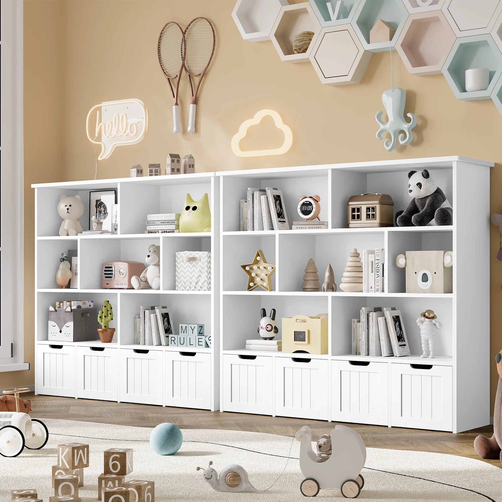 Homfa 7 Cube Toy Storage  Organizer, Kids Geometric Bookcase and Bookshelf with 4 Drawers, White