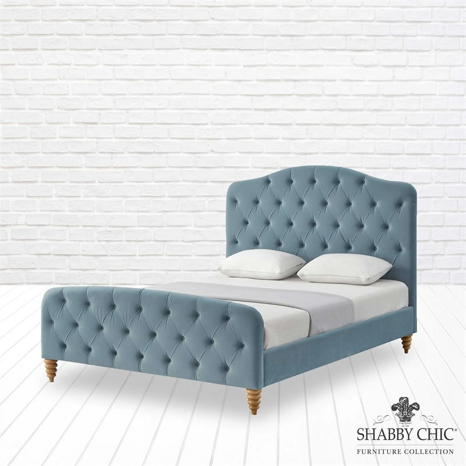 Calliope Bed Light Blue Velvet Queen Diamond Tufted Headboard and Footboard