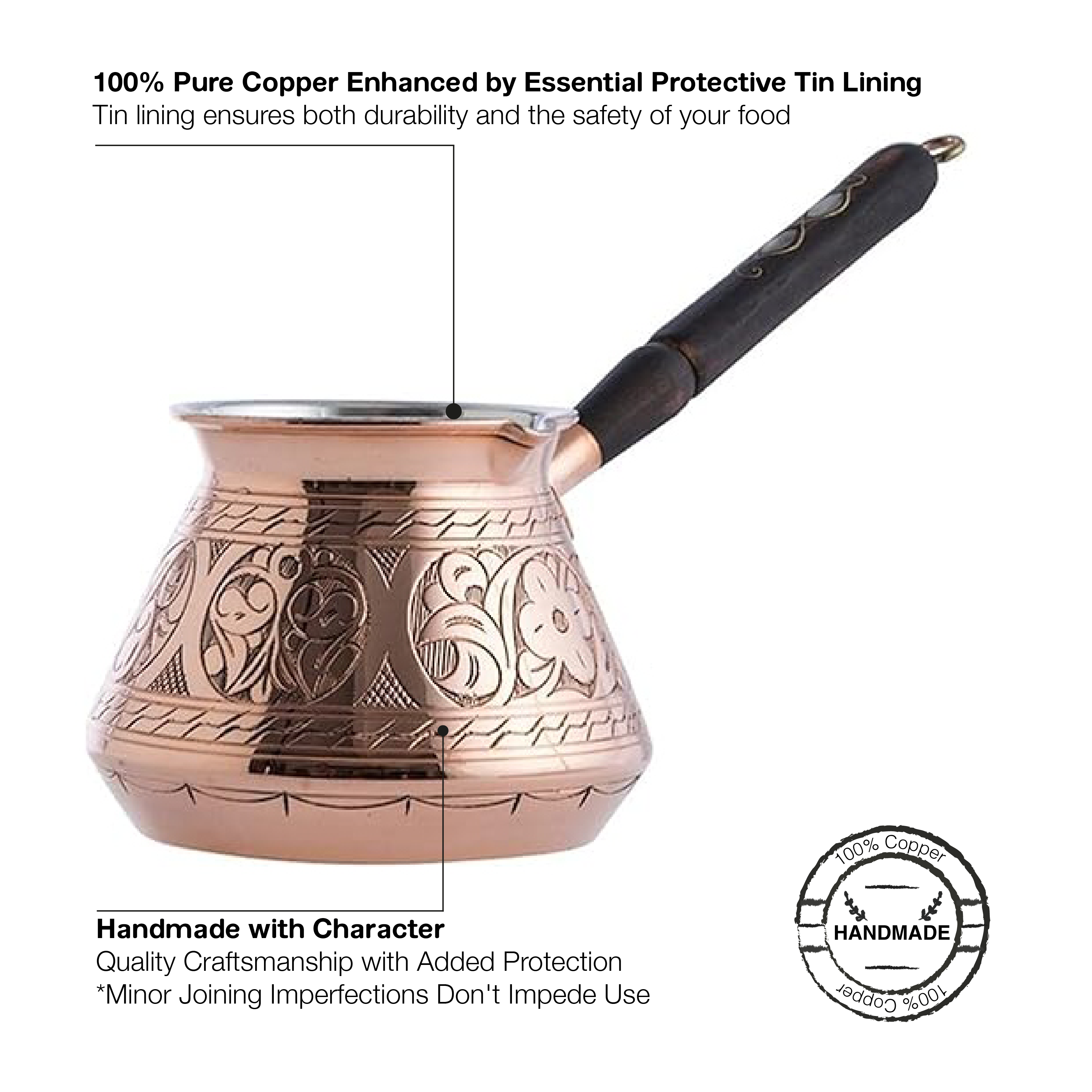 Hammered Copper Turkish Coffee Pot, Arabic Greek Stovetop Coffee Maker, Pearl Embedded Wooden Handle, 20 oz