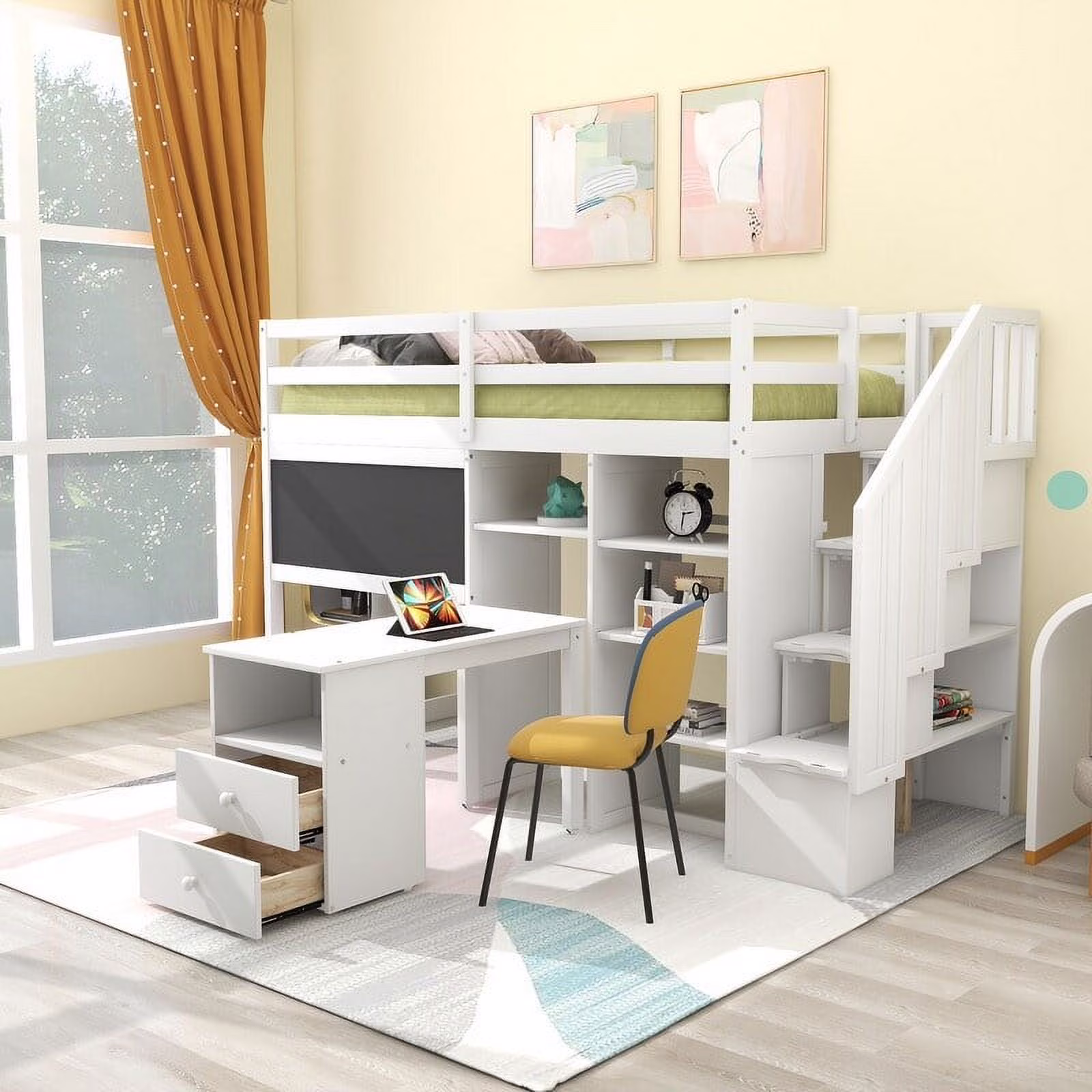 Twin Solid Pine Loft Bed With DIY Blackboard & Study Desk & Decorative Shelves & Storage Stairs White