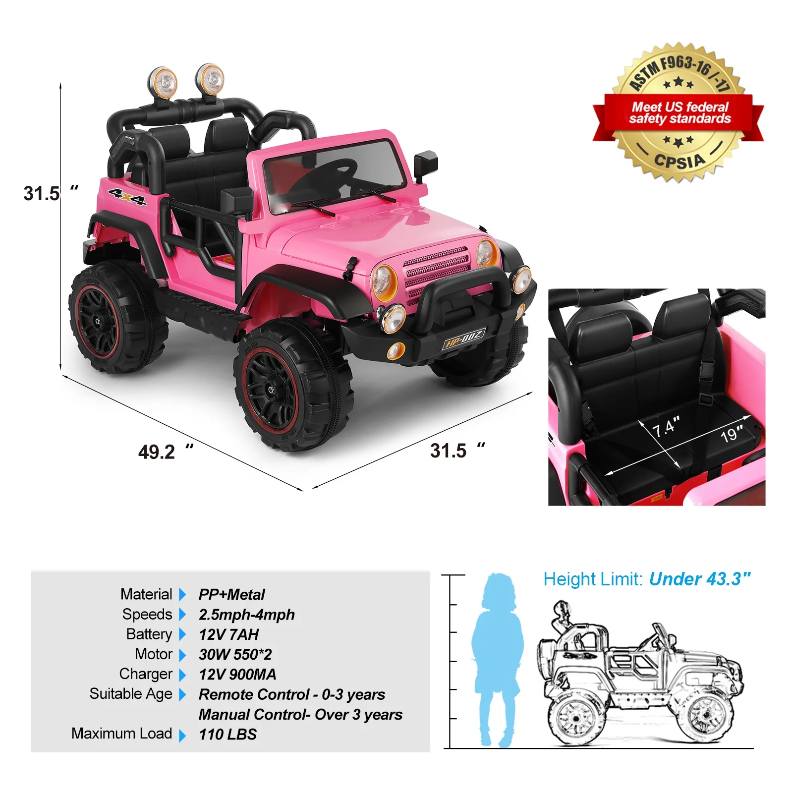12V Pink Kids Ride on Truck Car Toys Black w/ MP3, LED Light, RC, Cover