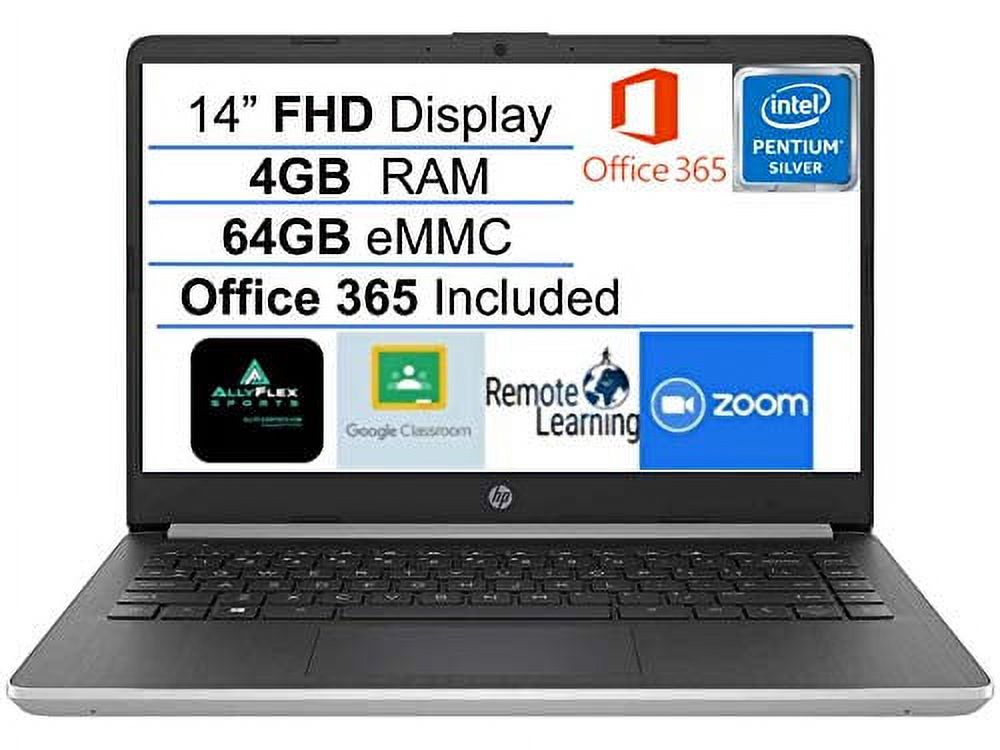 HP 2021 Newest Stream 14-inch FHD Laptop, Silver, Intel Quad-Core N5000(up to 2.7 GHz), 4G RAM, 64G eMMC, WiFi, Webcam, Bluetooth, HDMI,Type-C, Windows 10 S, Office 365 for 1 Year, Allyflex MP