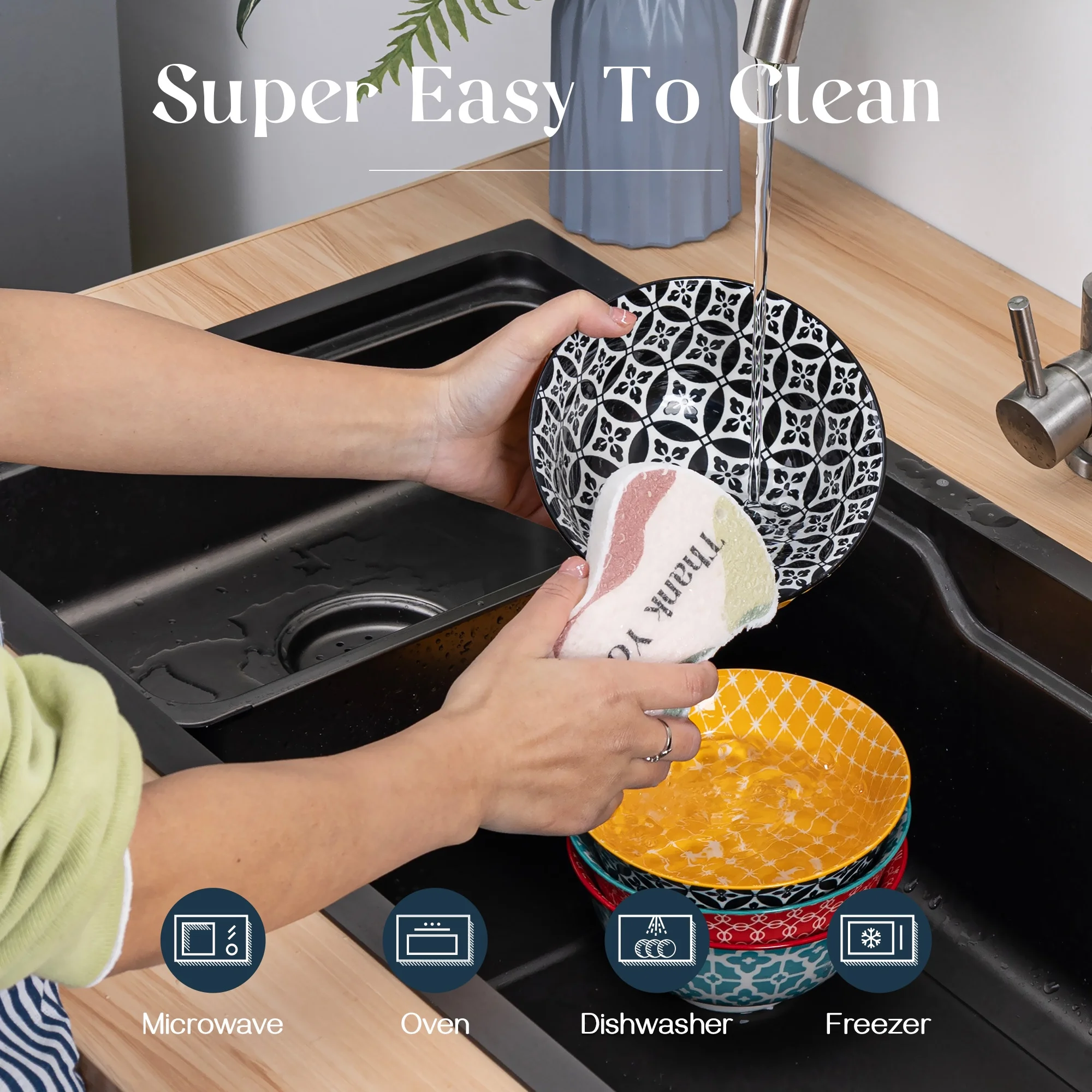 Dowan 4-Piece 6-Inch Vibrant Joy Ceramic Soup Salad Cereal Bowl 23OZ with Dishwashing Sponge