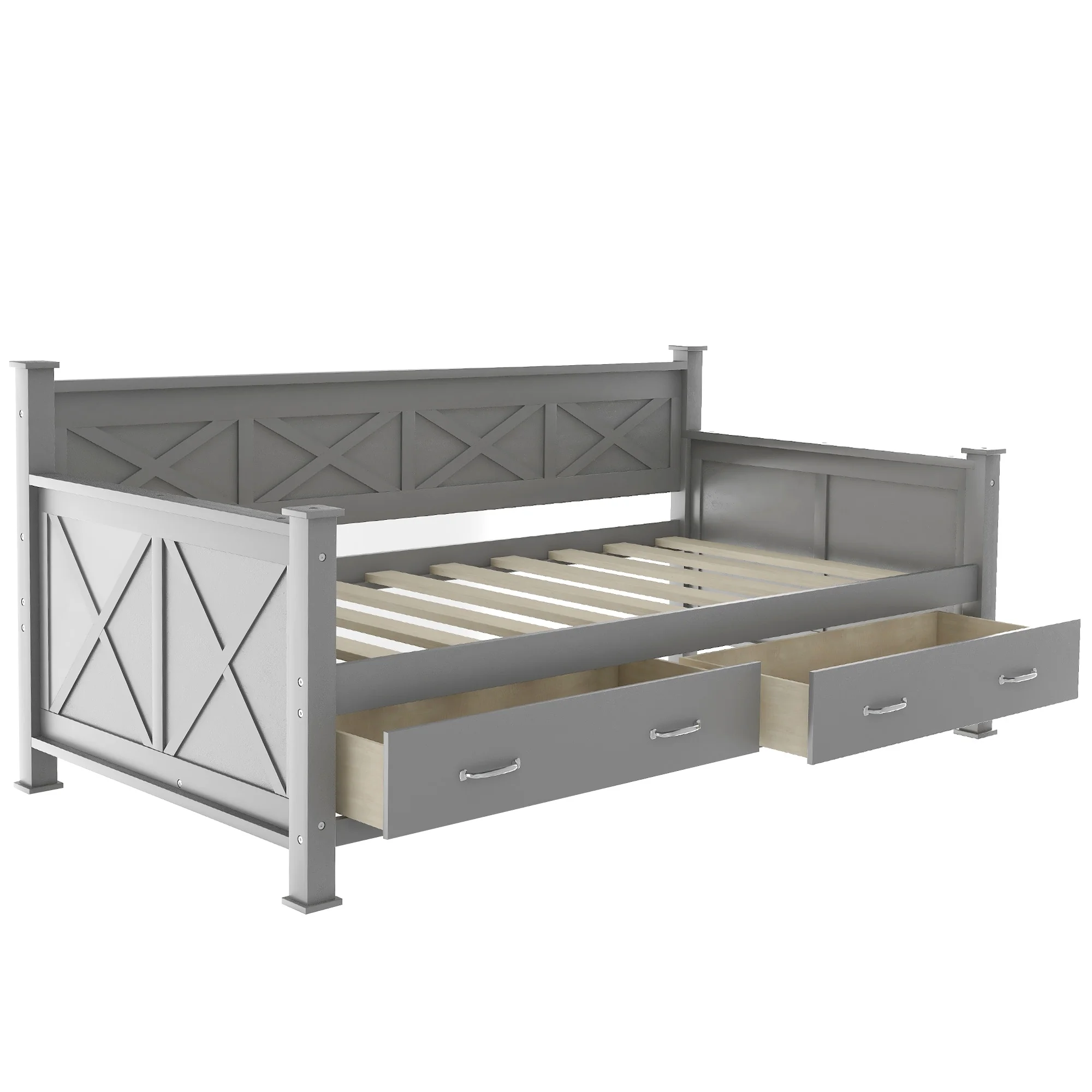 Gray Wooden Daybed with 2 large drawers, compact design makes it suitable for any room, Twin Size