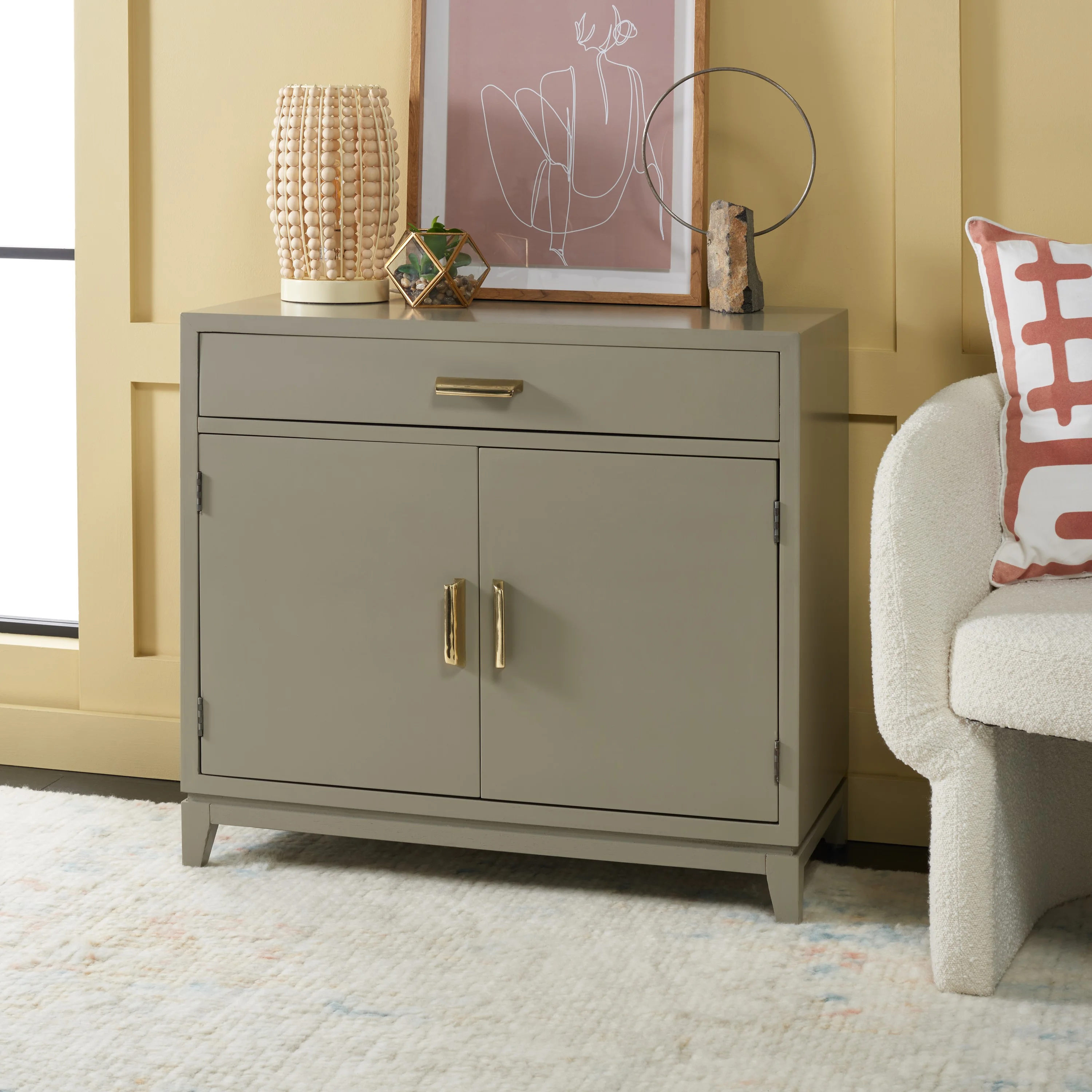 SAFAVIEH Nigel Mid-Century 2 Door 1 Drawer Chest, Grey/Brass (31.9 in. W x 15.9 in. D x 29 in. H)