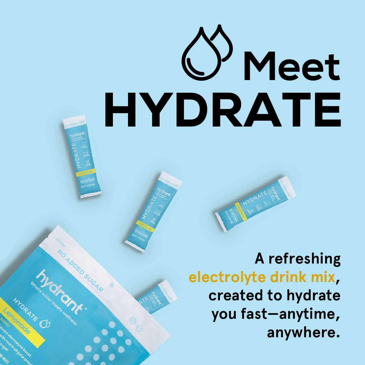 Hydrant Hydrate Lemonade No Added Sugar 30 Stick Packs, Electrolyte Powder Rapid Hydration Mix, Hydration Powder Packets Drink Mix, Helps Rehydrate Better Than Water