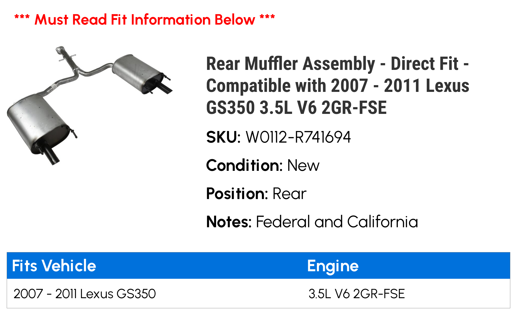 Rear Muffler Assembly - Direct Fit - Compatible with 2007 - 2011 GS350 3.5L V6 2GR-FSE 2008 2009 2010