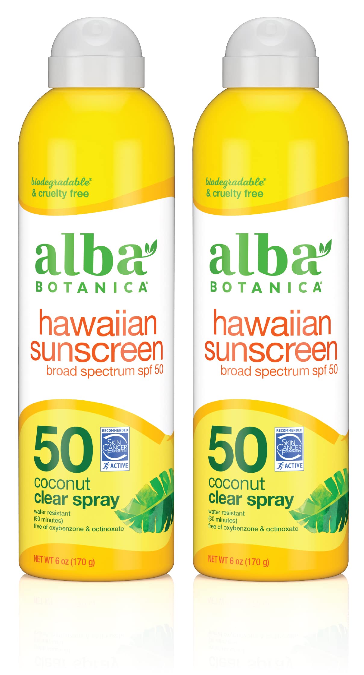 Alba Botanica Sunscreen for Face and Body, Hawaiian Coconut Sunscreen Spray, Broad Spectrum SPF 50 Sunscreen, Water Resistant and Biodegradable, 6 fl. oz. Bottle (Pack of 2)