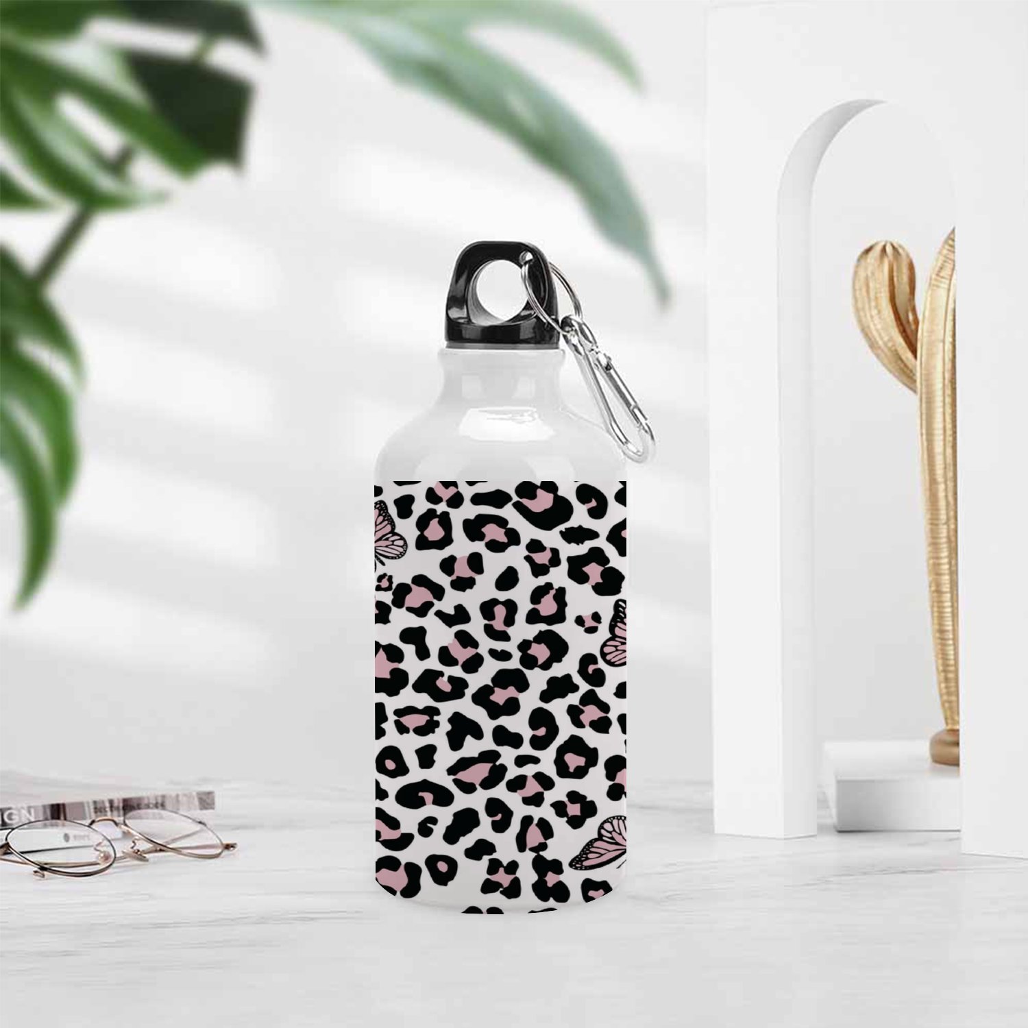 GZHJMY Sports Water Bottles, Pink Butterfly Leopard Pattern Large Capacity Aluminium Portable Leakproof Lightweight Drink Bottles for Fitness and Outdoor Enthusiasts