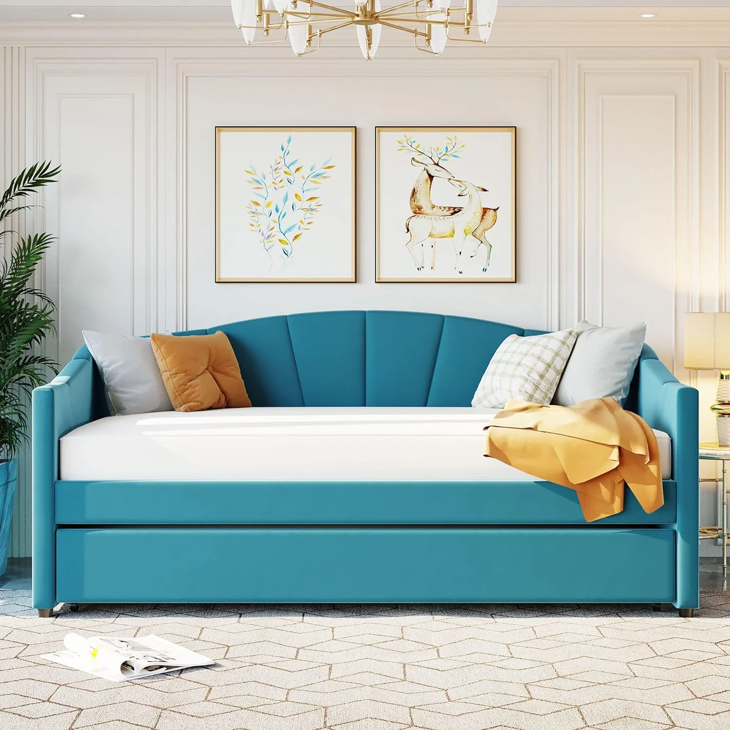 Blue Daybed Wih Size rudle, Velve Upholsered Daybed Wih Wood Sla Suppor, Sofa Bed For Livig Room Bedroom. o Box Sprig eeded