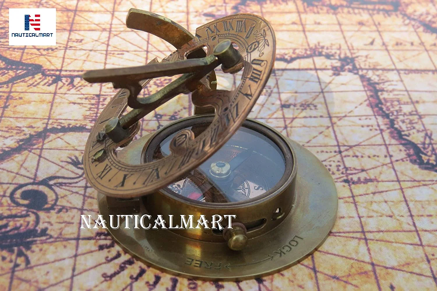 NauticalMart Brass Sundial Compass - Pocket Compass -Brass Antiques West London