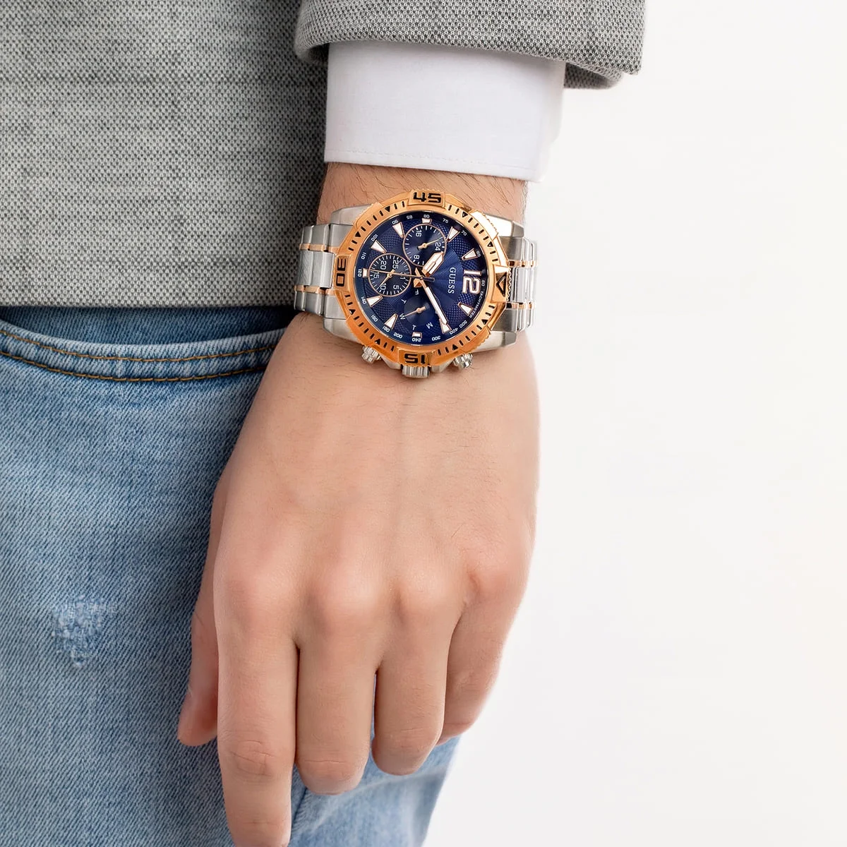 GUESS Two-Tone Silver Rose Gold Mens Watch GW0056G5