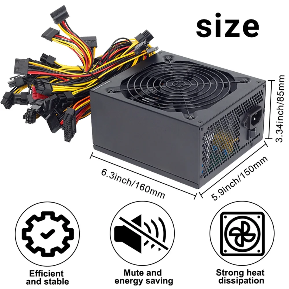 ATX 2600W Full Modular Mining Power Supply ETH Psu For Bitcoin Miner ETH Rig Supports 8 Graphics 80+ Gold Certified