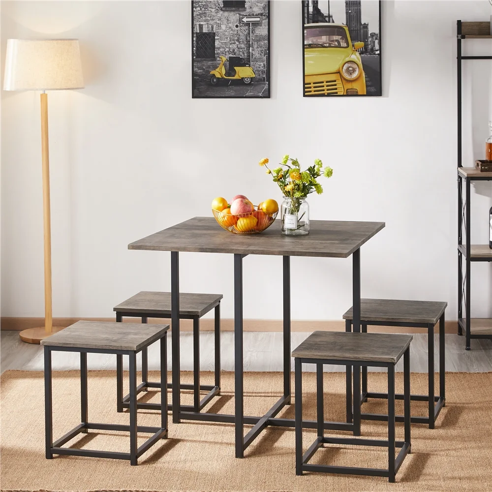 Topeakmart 5-Piece Industrial Dining Set with Square Table, 4 Backless Stools, Drift Brown
