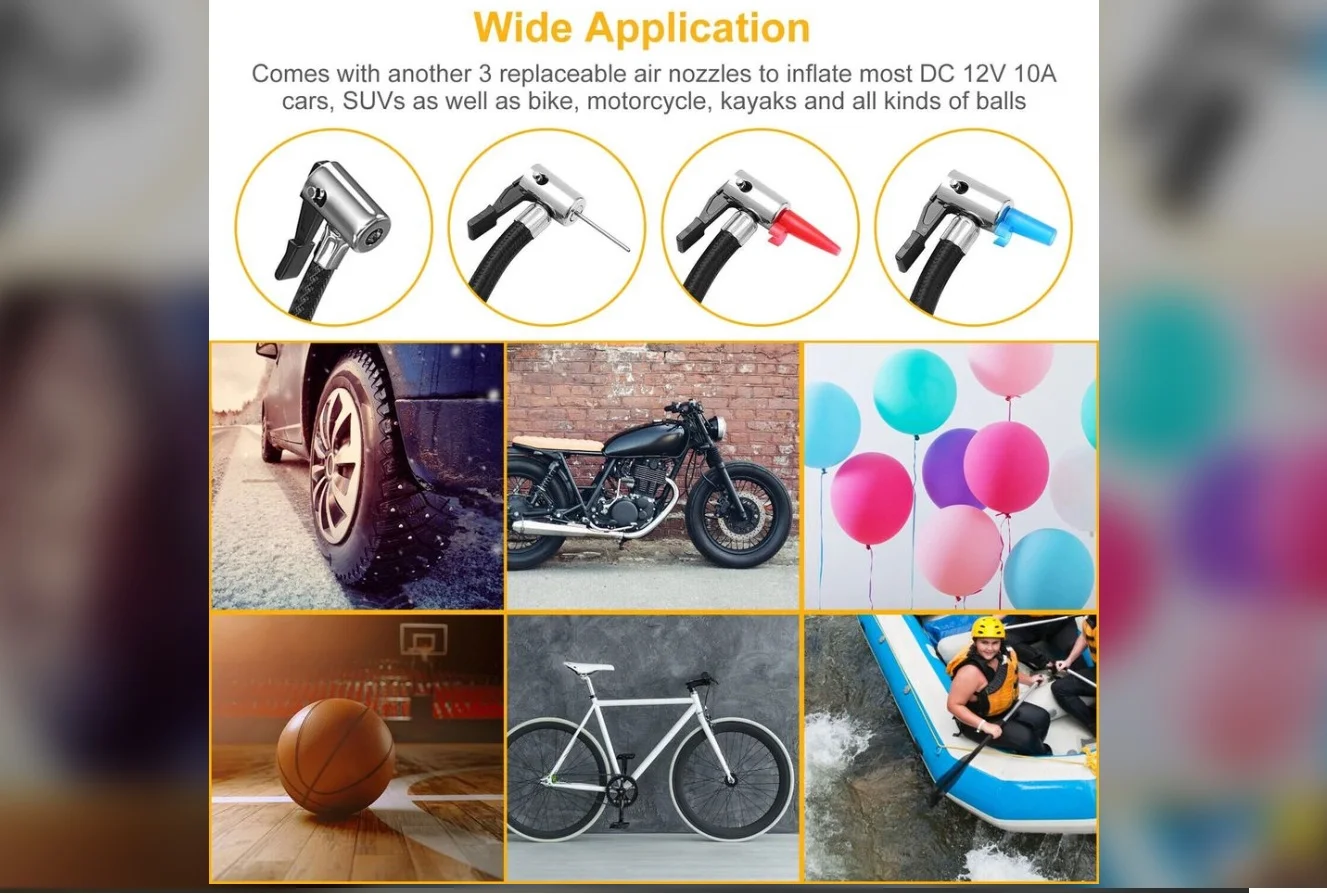 150 PSI Universal Car Tire / Ball / Bike / Baloon / Air Mattress / Raft Inflator with 4 Different Nozzles