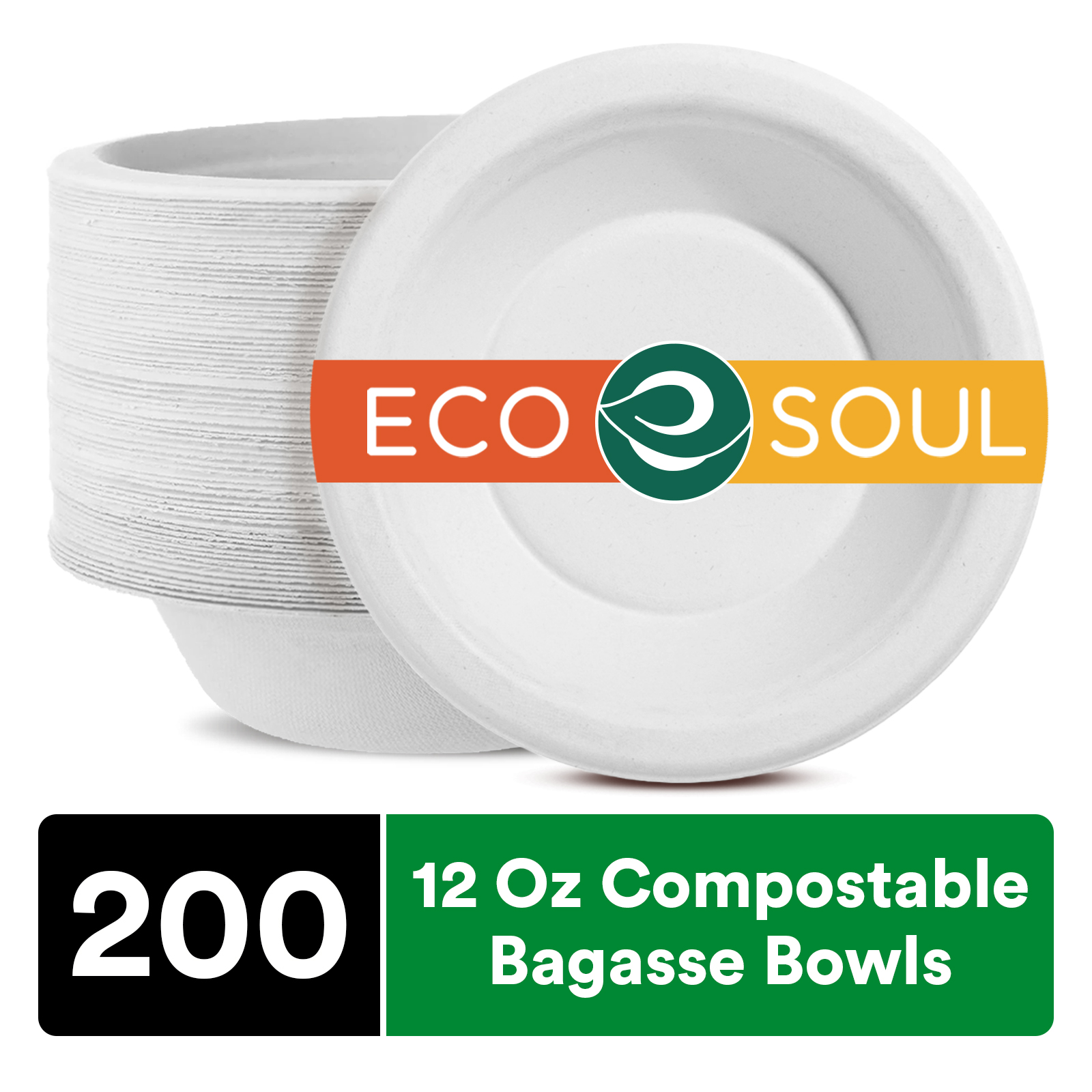 ECO SOUL Pearl White 12 oz [200-Pack] Bagasse Paper Bowls (PFAS free) | Biodegradable 100% Compostable | Microwavable | Hot & Cold Safe | Small Servings | Eco-Friendly Disposable Heavy Duty Bowls
