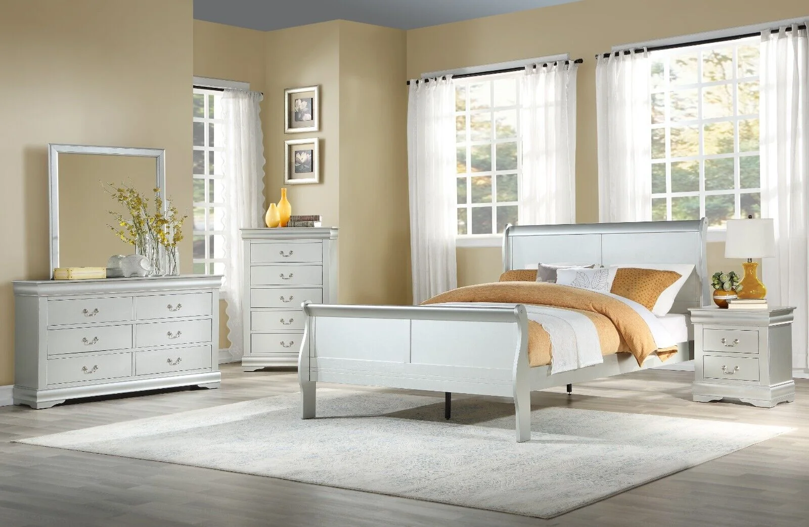 Louis Phillippe Style Transitional Bedroom 5pc Set Queen Bed Dresser Chest Nightstand Mirror Platinum Finish Furniture