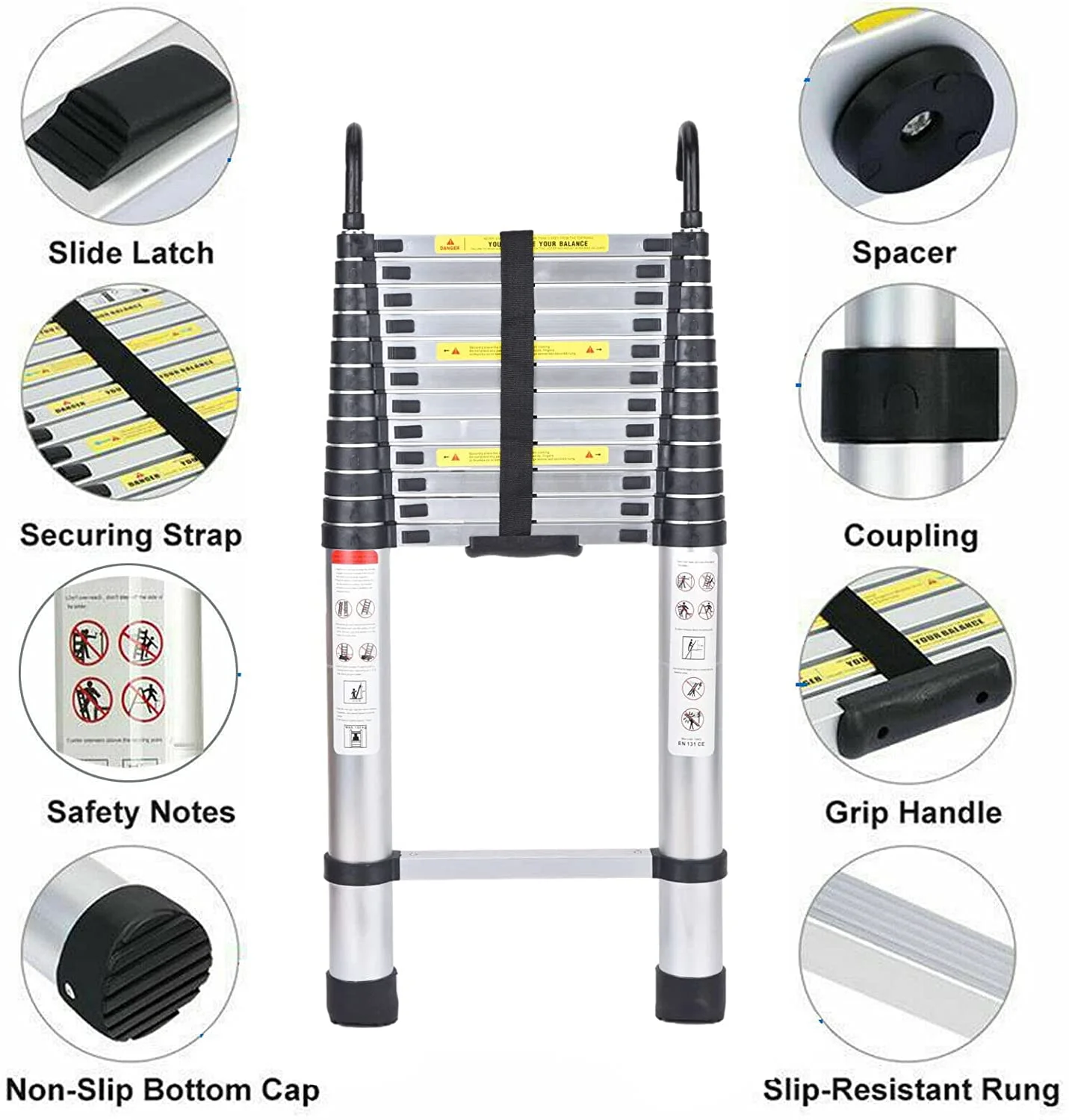 Bowoshen 16.5Ft Aluminum Telescoping Ladder,2 Detachable Hooks Multi-Use Retractable Foldable Extension Step Attic Ladder,330lbs Load Capacity,BS1