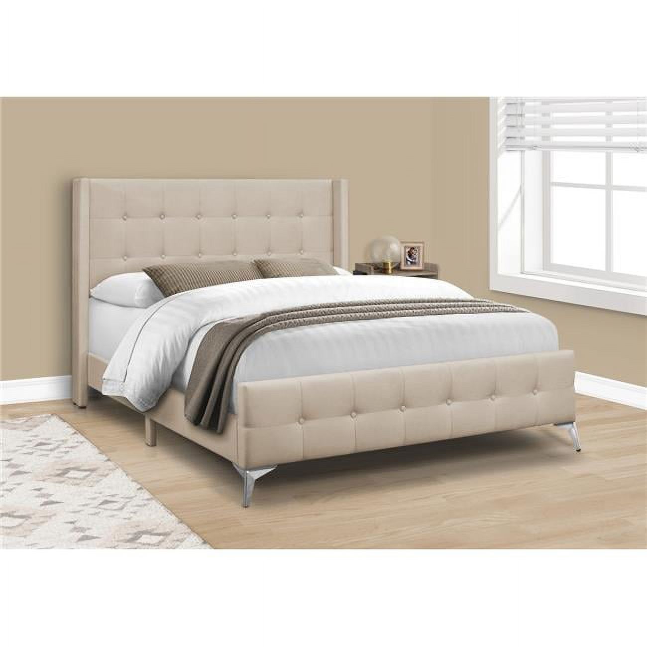 Metal Legs Beige & Chrome Transitional Queen Size Bed