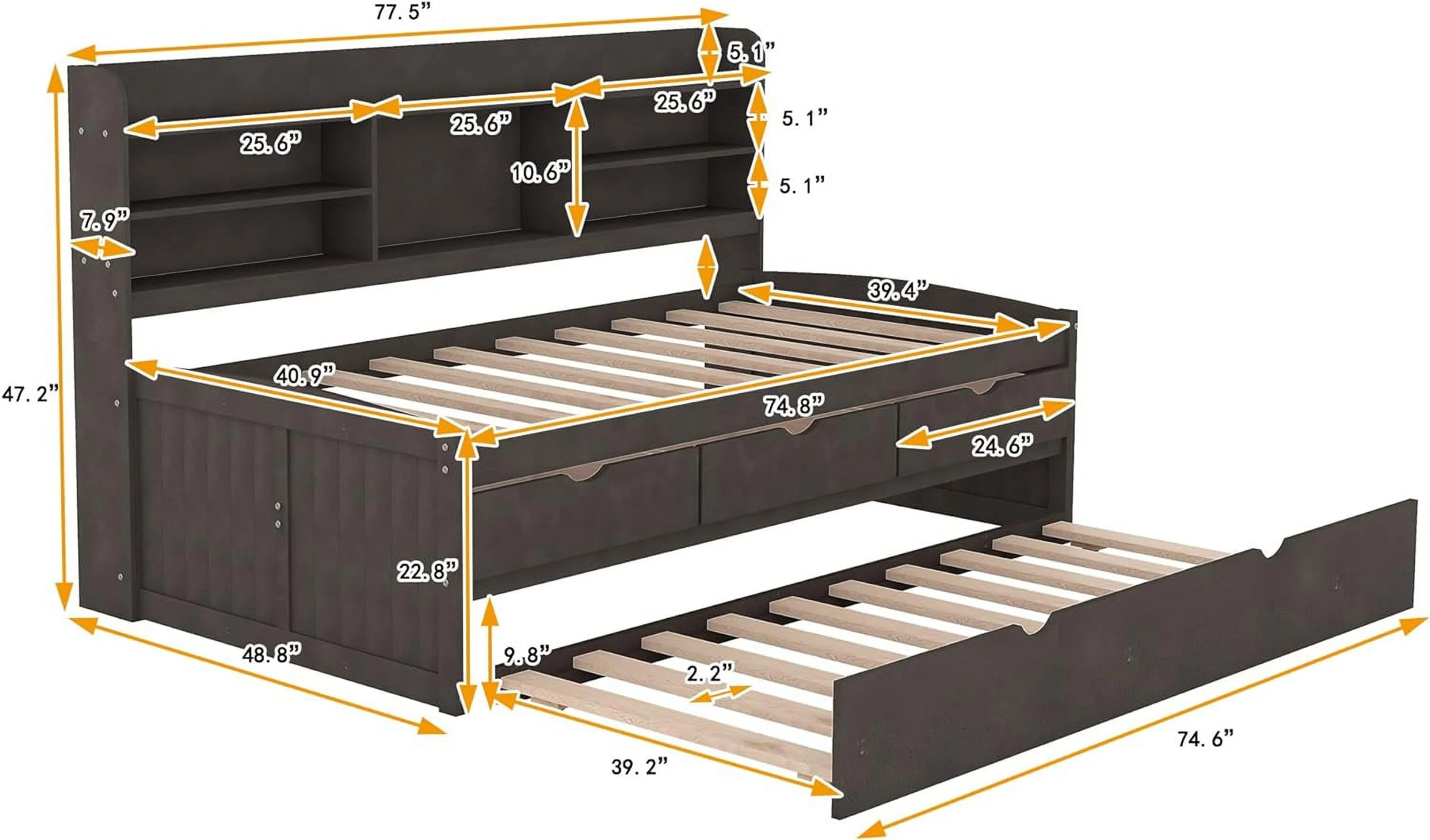 Size Storage Daybed With Trudle, Drawers, Bookcase, Solid Wood Captai’S Bed Frame For Kids Guests, o Box Sprig eeded (Atique Gray)
