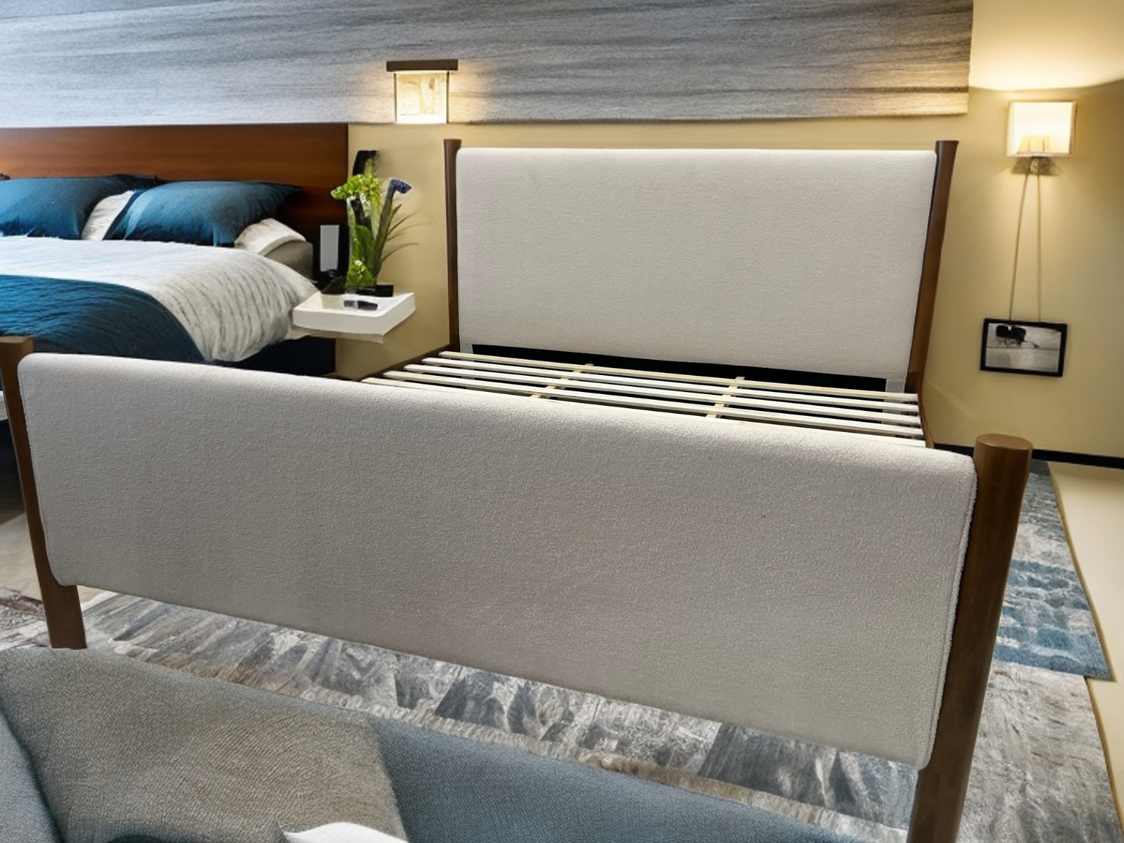 Alfred Modern White Platform Bed, Modern Terry White Bed Frame w/ Wood Legs, (Queen)