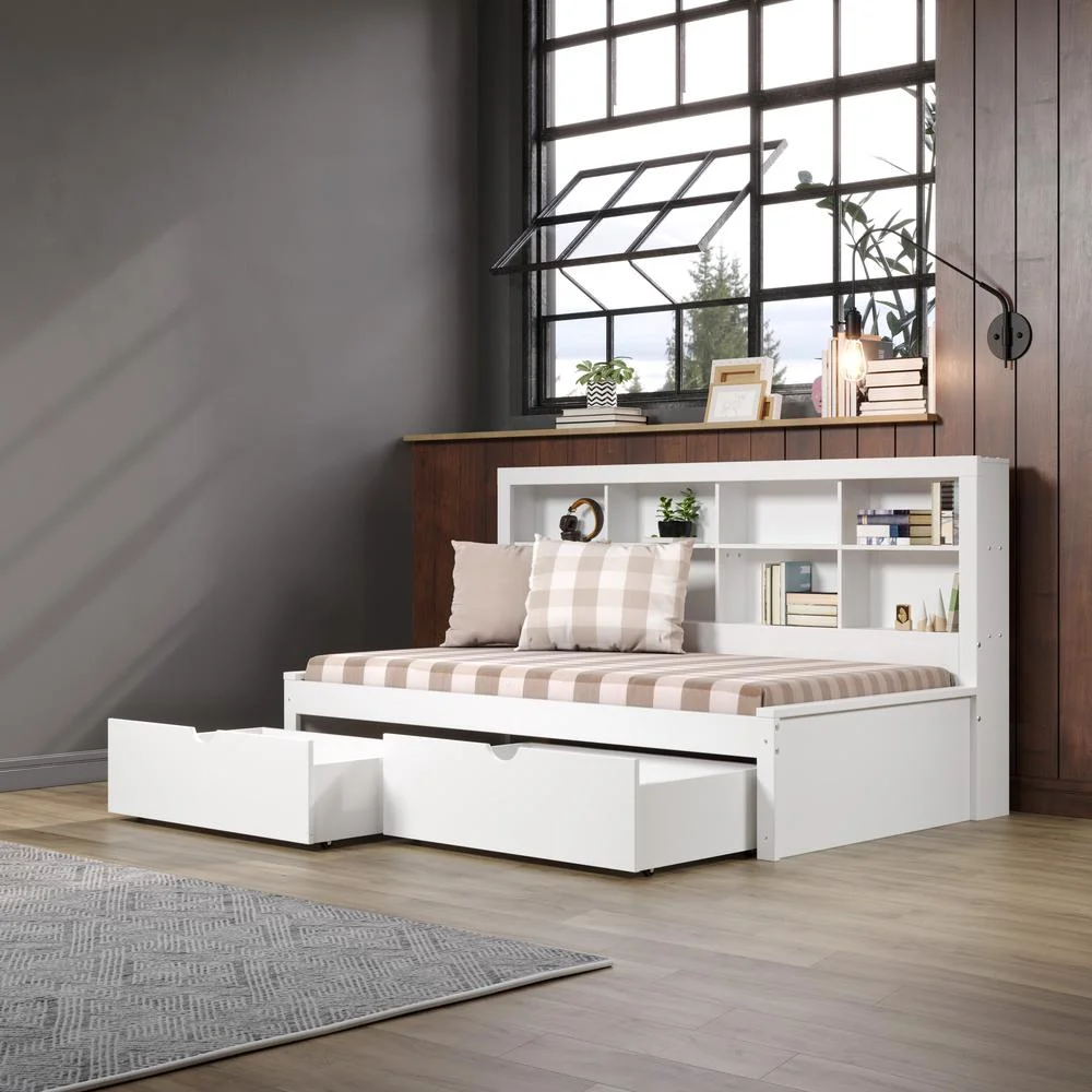 Twin Bookcase Day Bed in White w/ Dual Under Bed Drawers